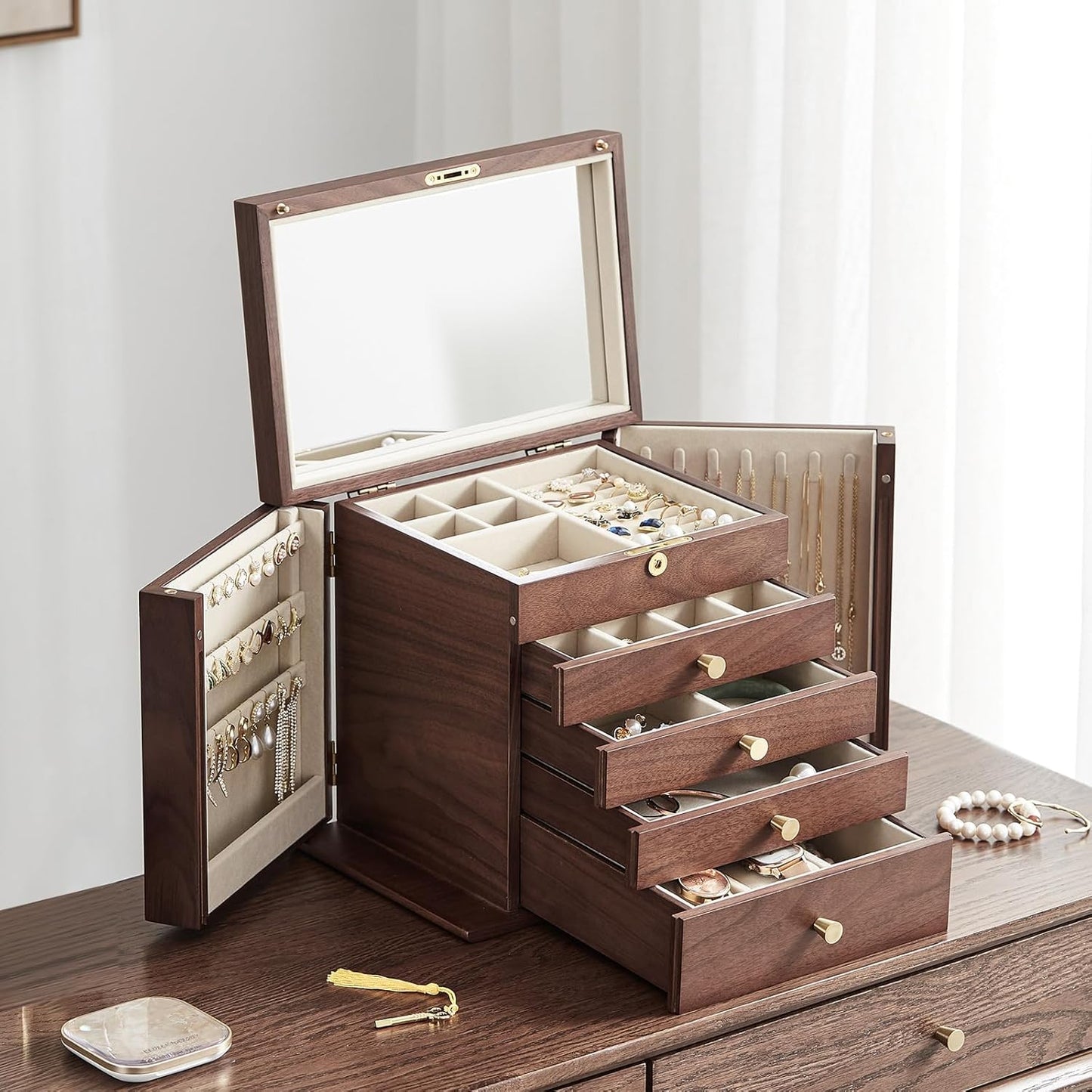 Black Walnut Wooden Jewelry Box, Wood Jewelry Organizer with 2 Side Doors Mirror Lockable Classical Style for Watch Necklace Ring Earring Storage Christmas Gifts-5 Layer