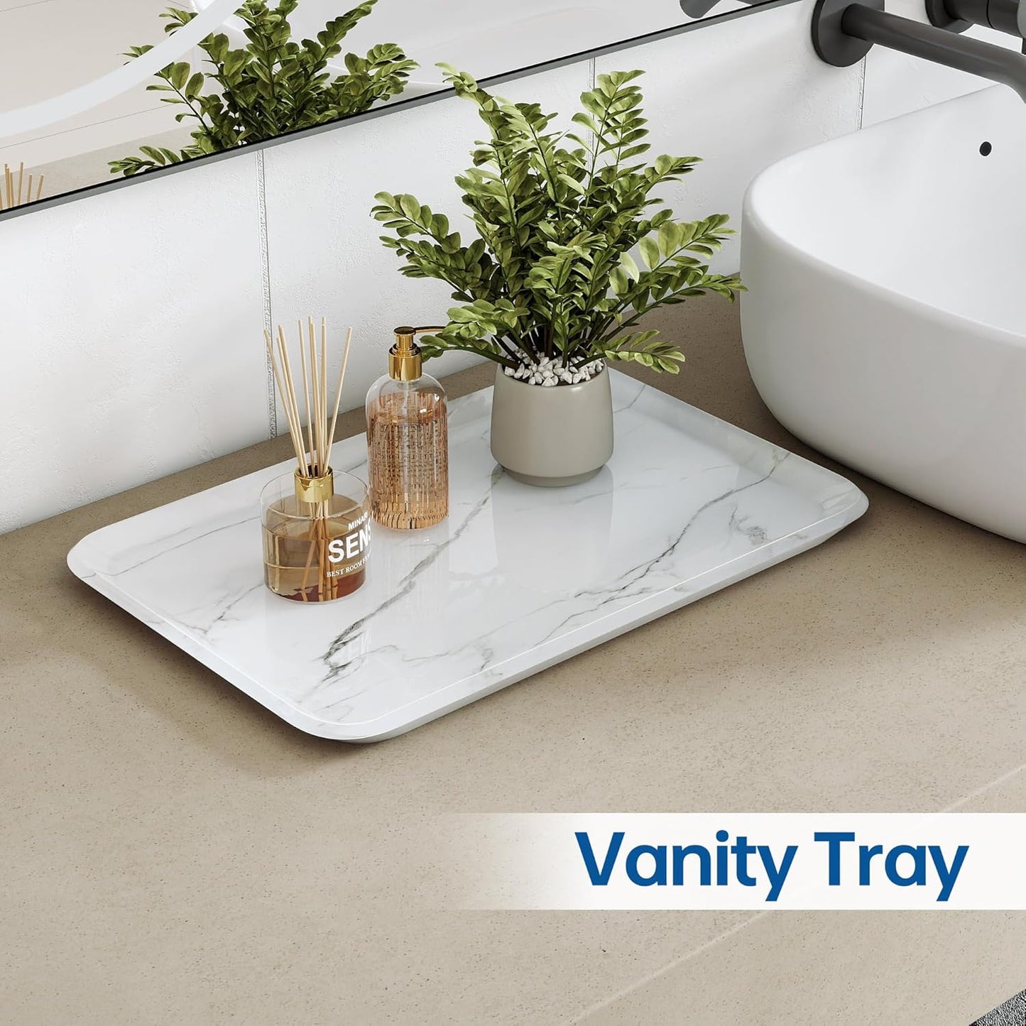 Vanity Decorative Tray, 12" x 8" White Marble Pattern Perfume Tray, Bathroom & Countertop Organizer for Soap, Jewelry, Candle