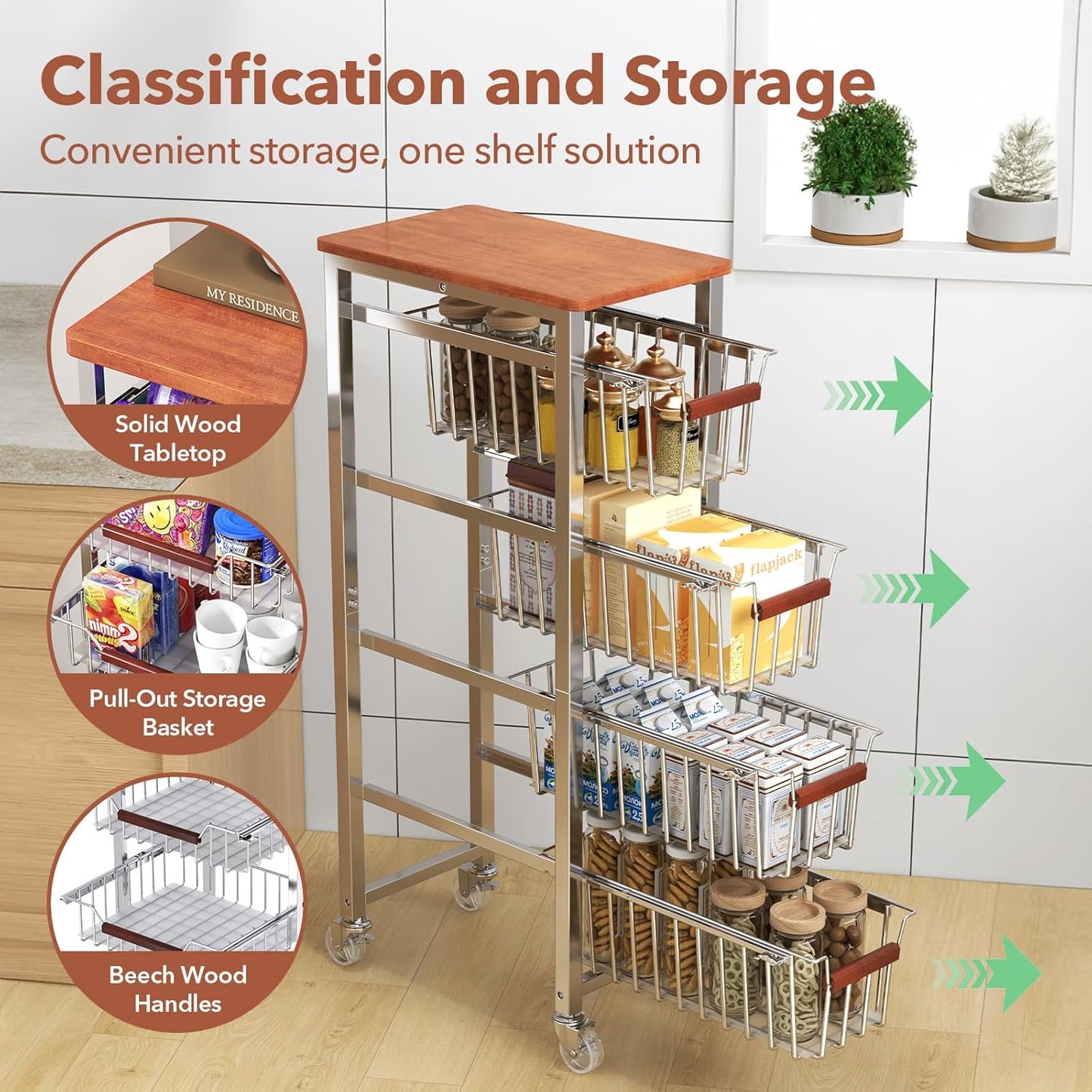 Ultra Slim 5-Tier Rolling Fruit & Vegetable Storage Cart with Removable Drawers, Narrow Metal Kitchen Organizer Cart on Wheels, Fruit Basket Stand & Fruteros para Cocina, Pantry Cart for Storage