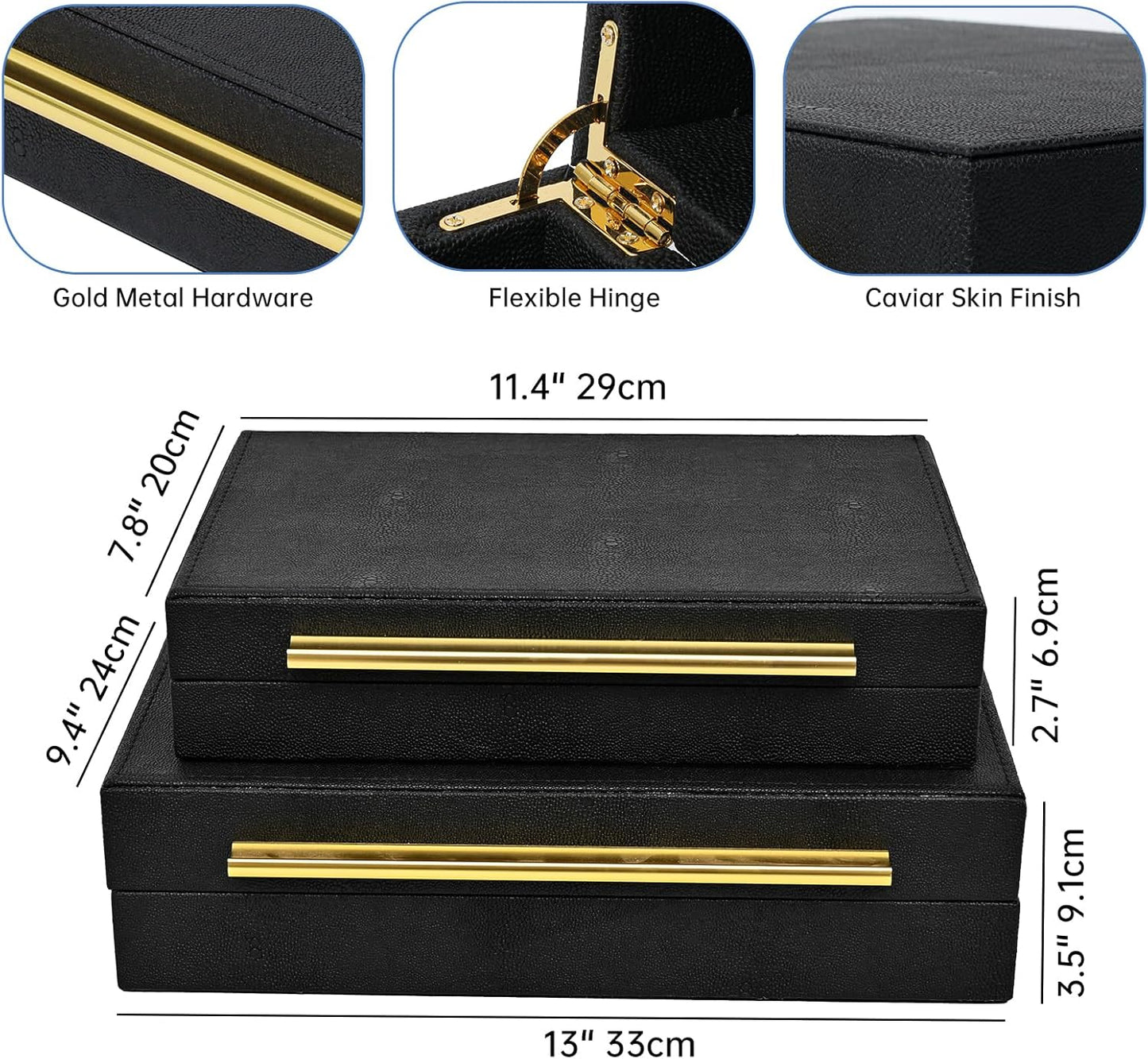 Faux Shagreen Leather Jewelry Boxes Set of 2 with Gold Handles, Decorative Organizer Storage Box for Rings, Earrings, Watches, Dresser, Vanity, Stackable, Black