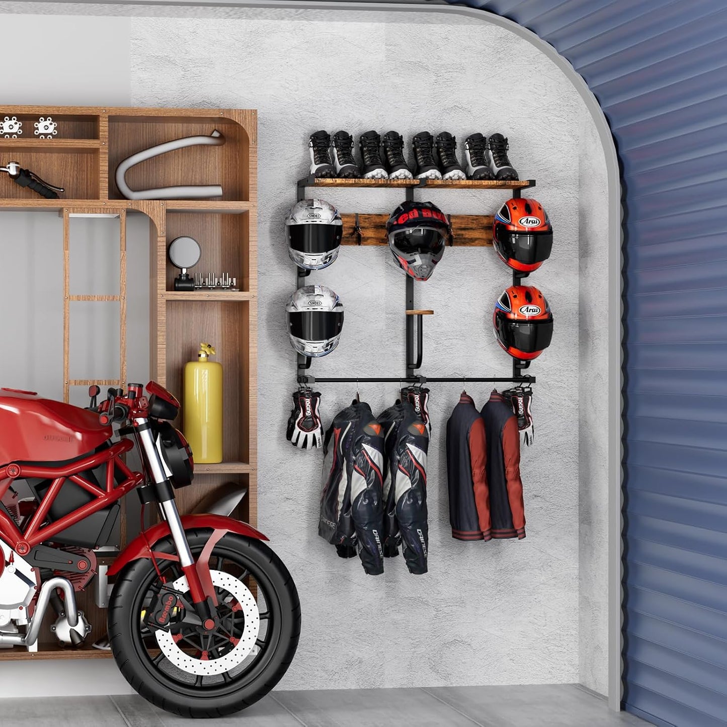 Motorcycle Helmet Rack with 6 J-hooks& 6 Clip Hooks – Wall Mounted Helmet Holder Stand for 6 Helmets, Riding Suits & Accessories, Sturdy Construction Storage Organizer for Entryway or Garage
