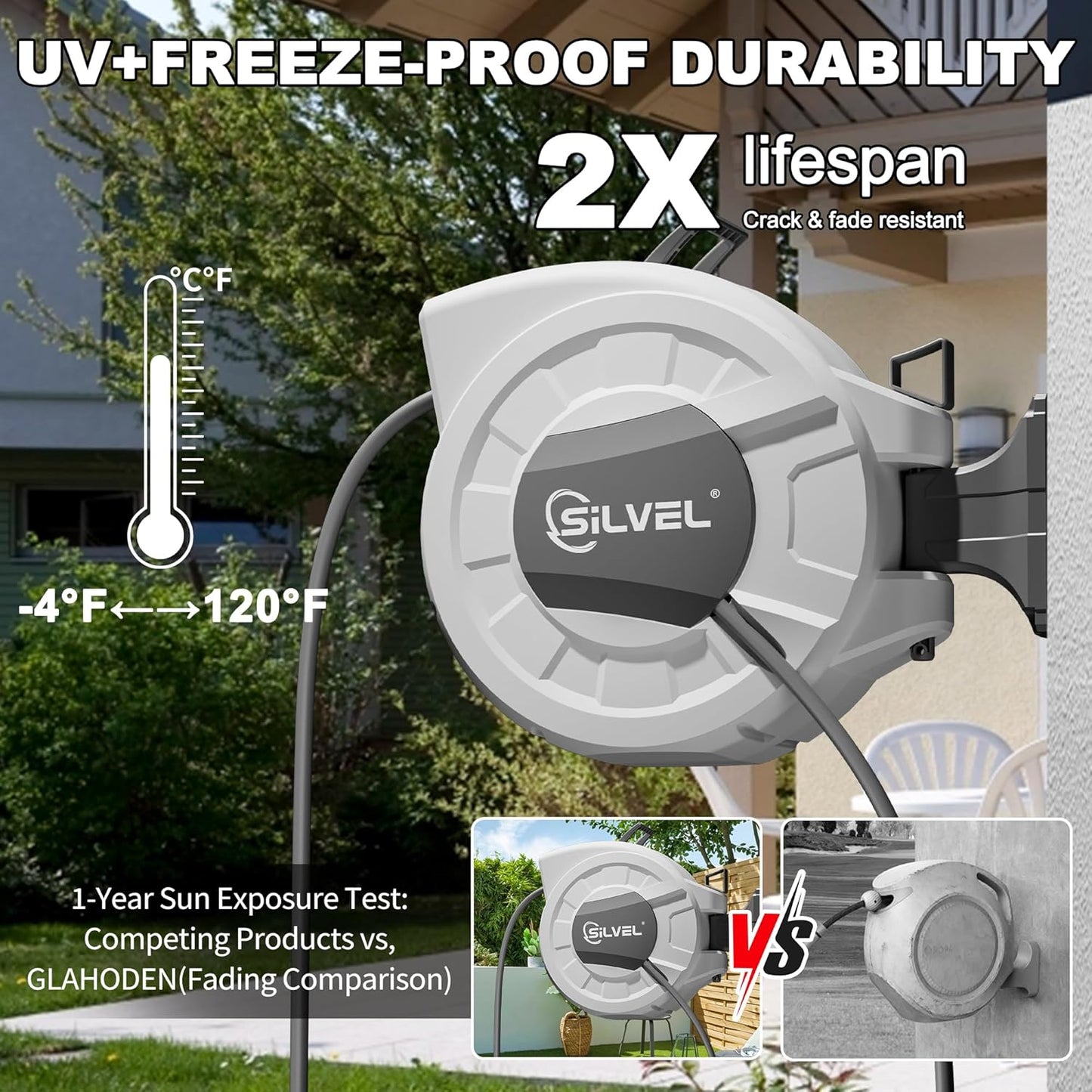 SILVEL Retractable Garden Hose Reel, 1/2 in x 100ft Wall Mount Heavy Duty Automatic Hose Reel with 10 Pattern Nozzle, Any Length Lock & Slow Return System, 180°Swivel Bracket Upgraded UV Resistant