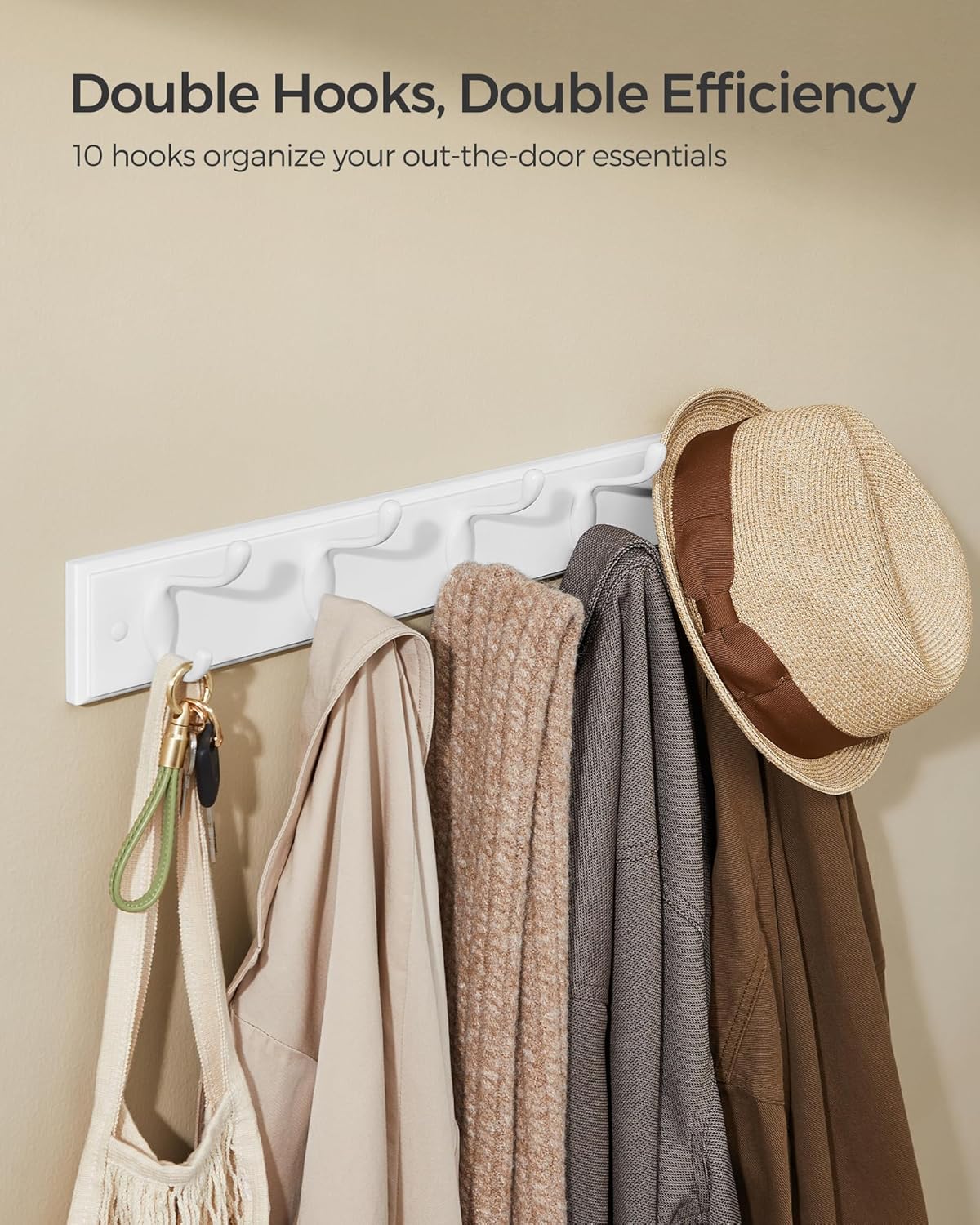 SONGMICS Wall-Mounted Coat Rack, Hook Rack, 5 Dual Metal Hooks, for Coats, Bags, Keys, in The Entryway, Bedroom, Living Room, White ULHR235W01