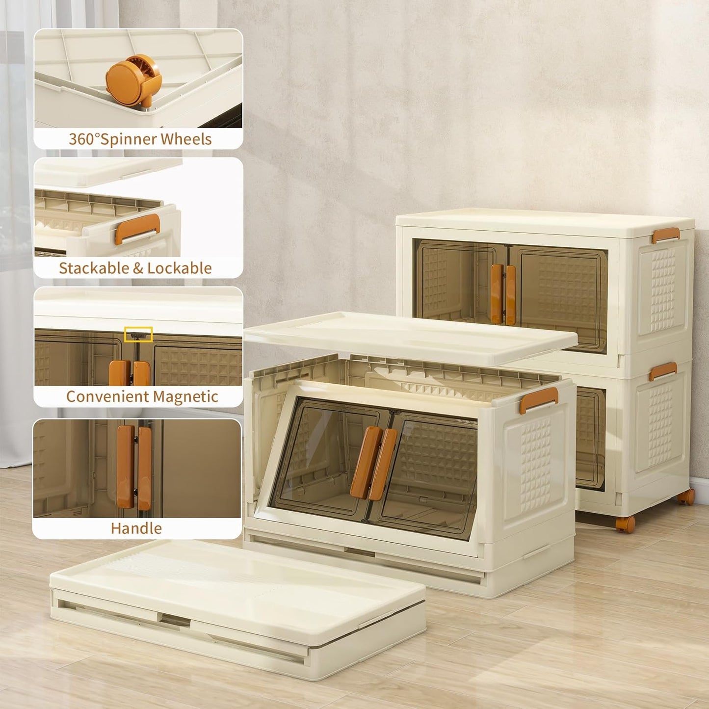 Plastic Stackable Storage Bins with Lids and Wheels, Foldable Closet Organizers and Storage Containers, Collapsible Clear Drawer Storage Cabinet with Doors Ivory White 179.2 QT