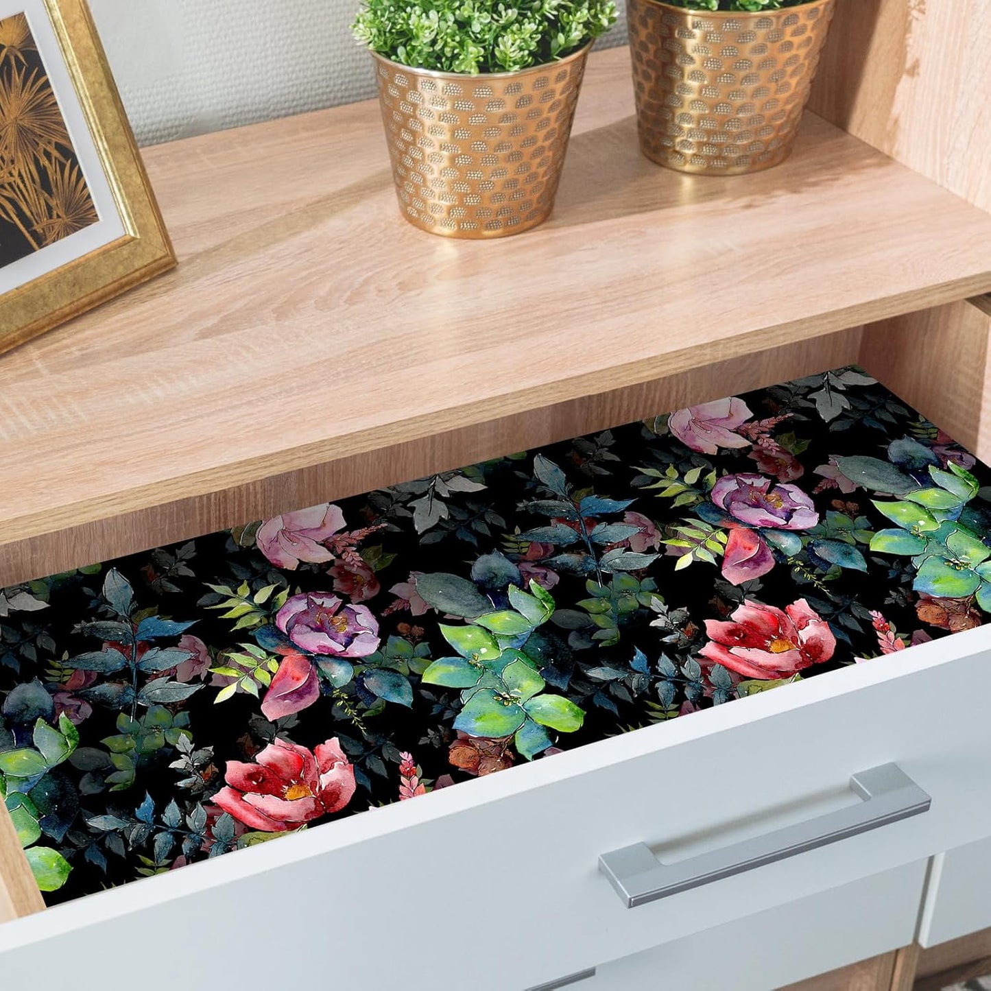 HAOKHOME Floral Shelf Liner and Cabinet Liner, Self-Adhesive Drawer Liners, Peel and Stick Contact Paper Liner Kitchen Cabinets and Cupboard, Bathroom Drawers,Black/Green/Pink 17.3in x 6.5ft