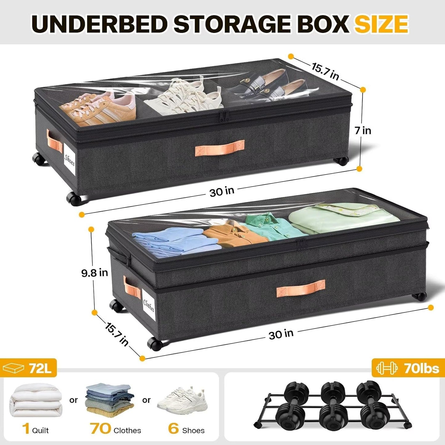 Under Bed Storage with Wheels, 2 Packs XXL Underbed Organizer with Lid, 10'' Adjustable Height Shoes Containers Clothes Rolling Bin for Bedroom Dorm, Grey