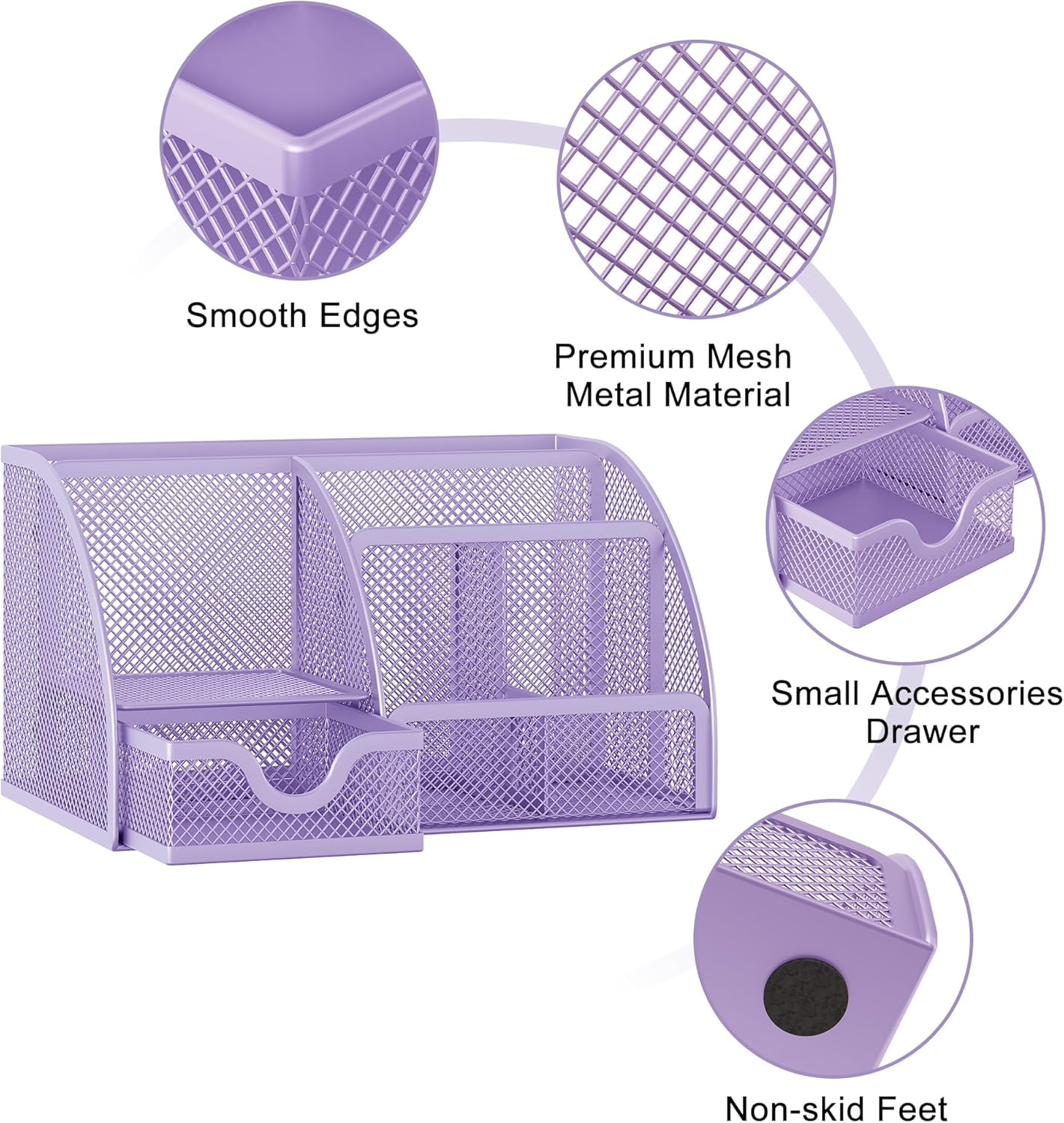 EasyPAG Mesh Desk Organizer with Drawer Multi-functional Pen Holder Stationery Organizer for Office School Supplies 6 Compartments Dorm Organizers and Storage for Desk, Light Purple