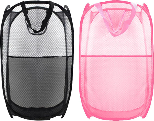 Collapsible Pop Up Laundry Hamper, Extra Large Mesh Foldable Laundry Basket Bag, 28" x 16" x 16", 2 Pack (Black + Pink)