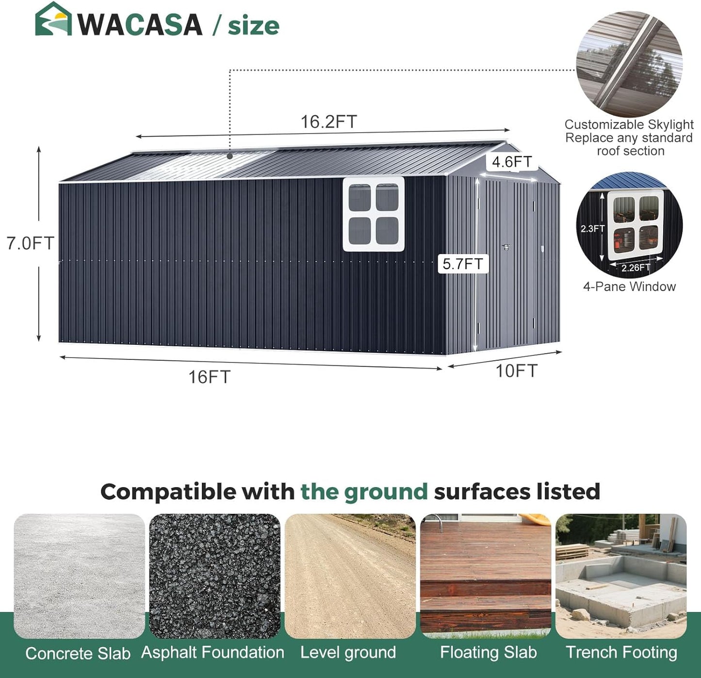Metal Shed 10x16 FT Big with Heavy-Duty Reinforced Steel Frame and Customizable Skylight, Lockable Doors, 4-Pane Windows,Large Outdoor Storage for Garden, Tools, and Utility