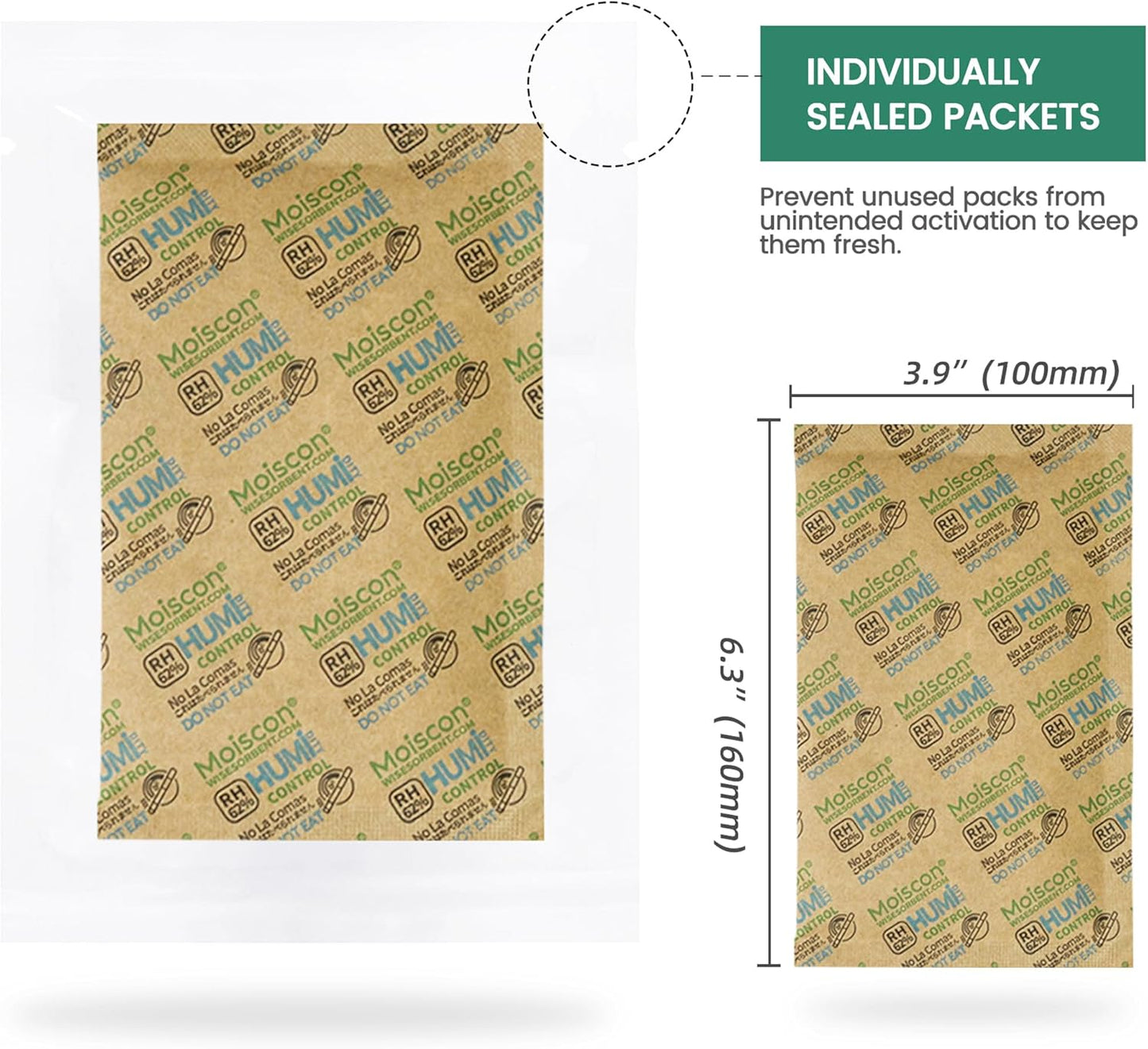 62% Two-Way Humidity Control Packs, 67 Gram 20 Pack for Storing 1 lb, Size 67 Moisture Control Packets Individually Wrapped, Humidifier Packs for Storage Containers