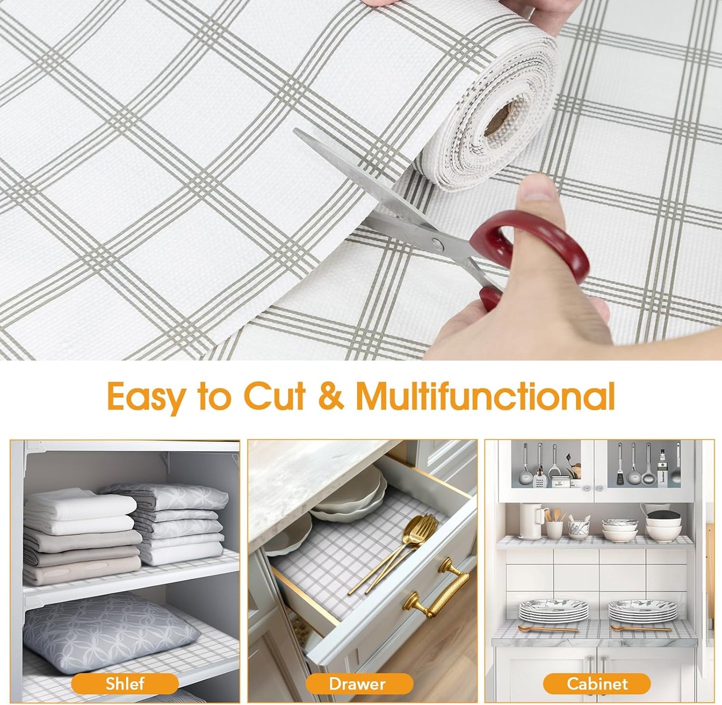 Shelf and Drawer Liner for Kitchen Cabinets Non-Adhesive, Strong Grip Non-Slip Thickened Cabinet Liners for Shelves, Waterproof Mats for Dresser Cupboard, White Square, 17 in x 30 Feet