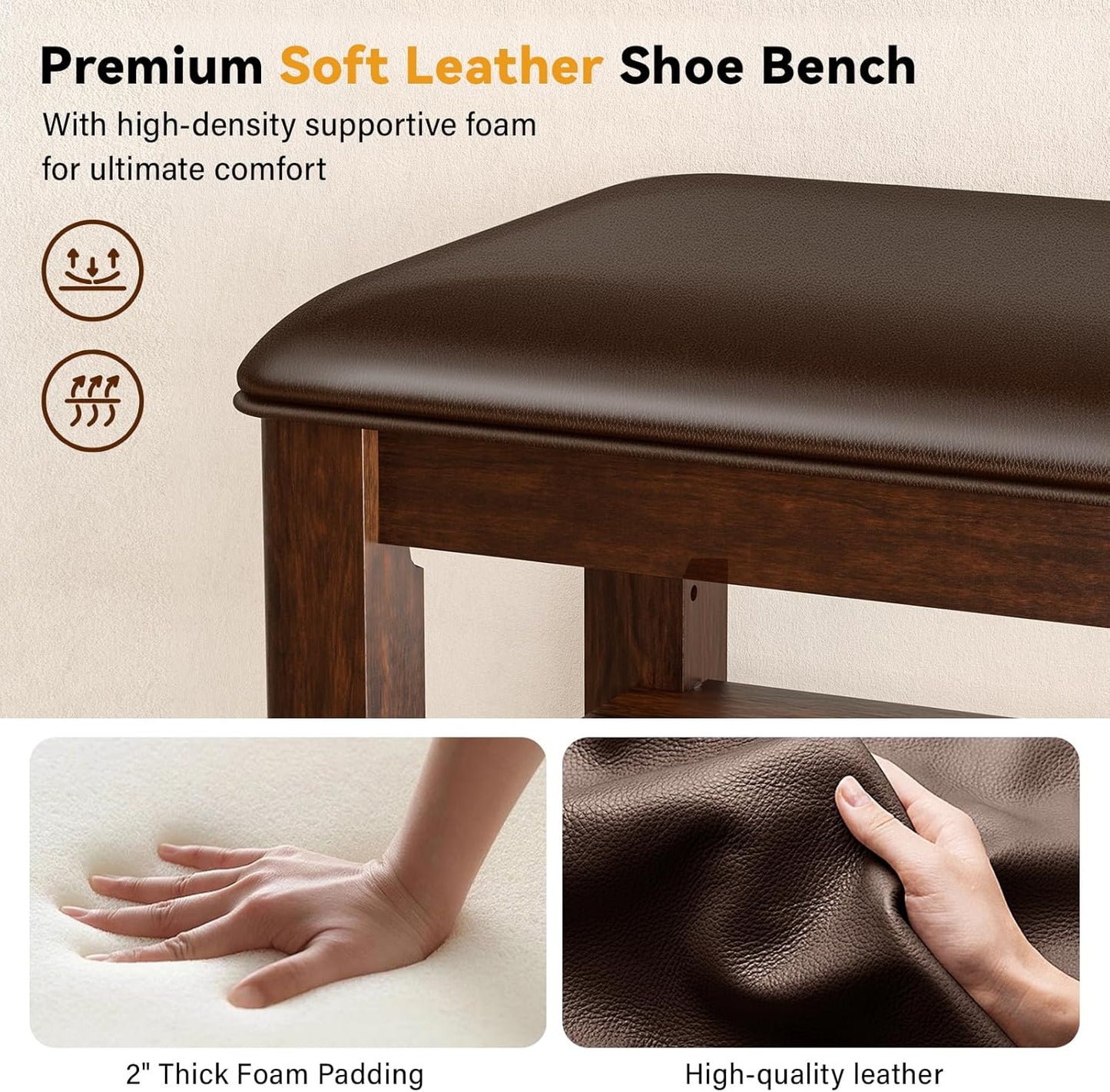 Shoe Rack Bench Entryway Storage with Leather Cushion, Shoe Organizer Bench for Entryway, Ideal for Front Doors Entrances Hallway Mudroom Featuring Rubberwood And 3 Height-Adjustable Removable Shelve