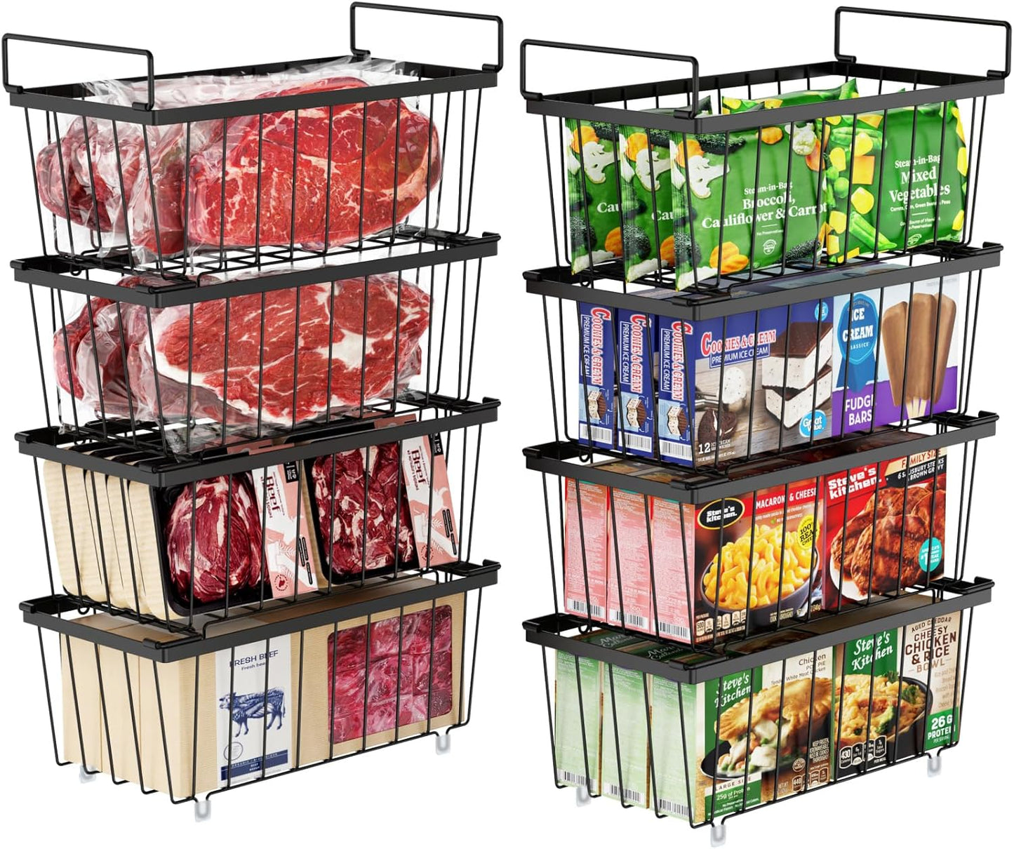 iSPECLE Freezer Organizer Bins - 8 Pack Small Stackable Deep Freezer Organizer Bins for 7 Cu.Ft Freezers Easy Get Bottom Foods without Digging, Chest Freezer Organizer Prevent Frozen Food Waste, Black