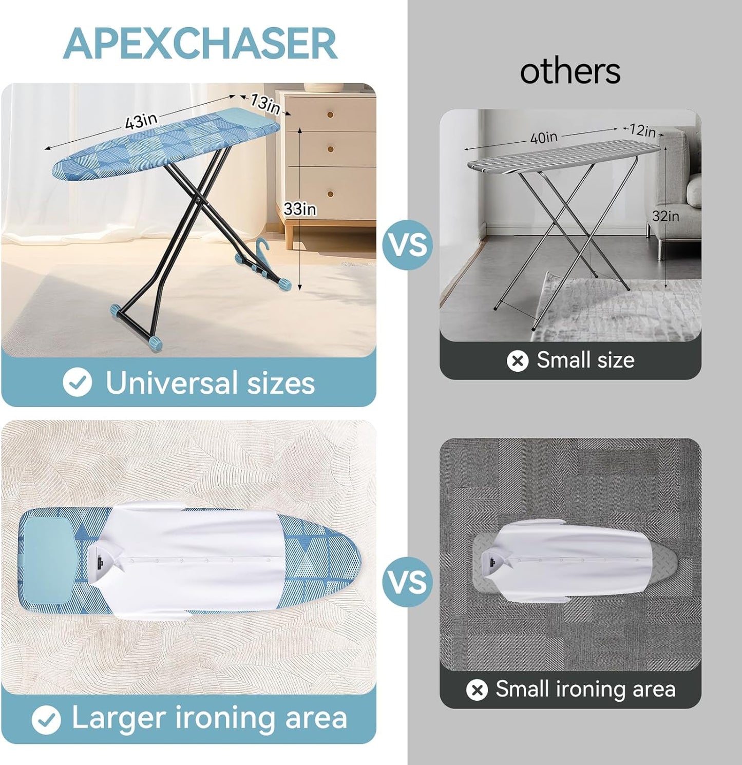 APEXCHASER Ironing Board with Iron Rest, Compact and Space Saver Iron Board, Extra Thick Cover, Height Adjustable, Wall Mount & Closet Hanger 13x43 Blue