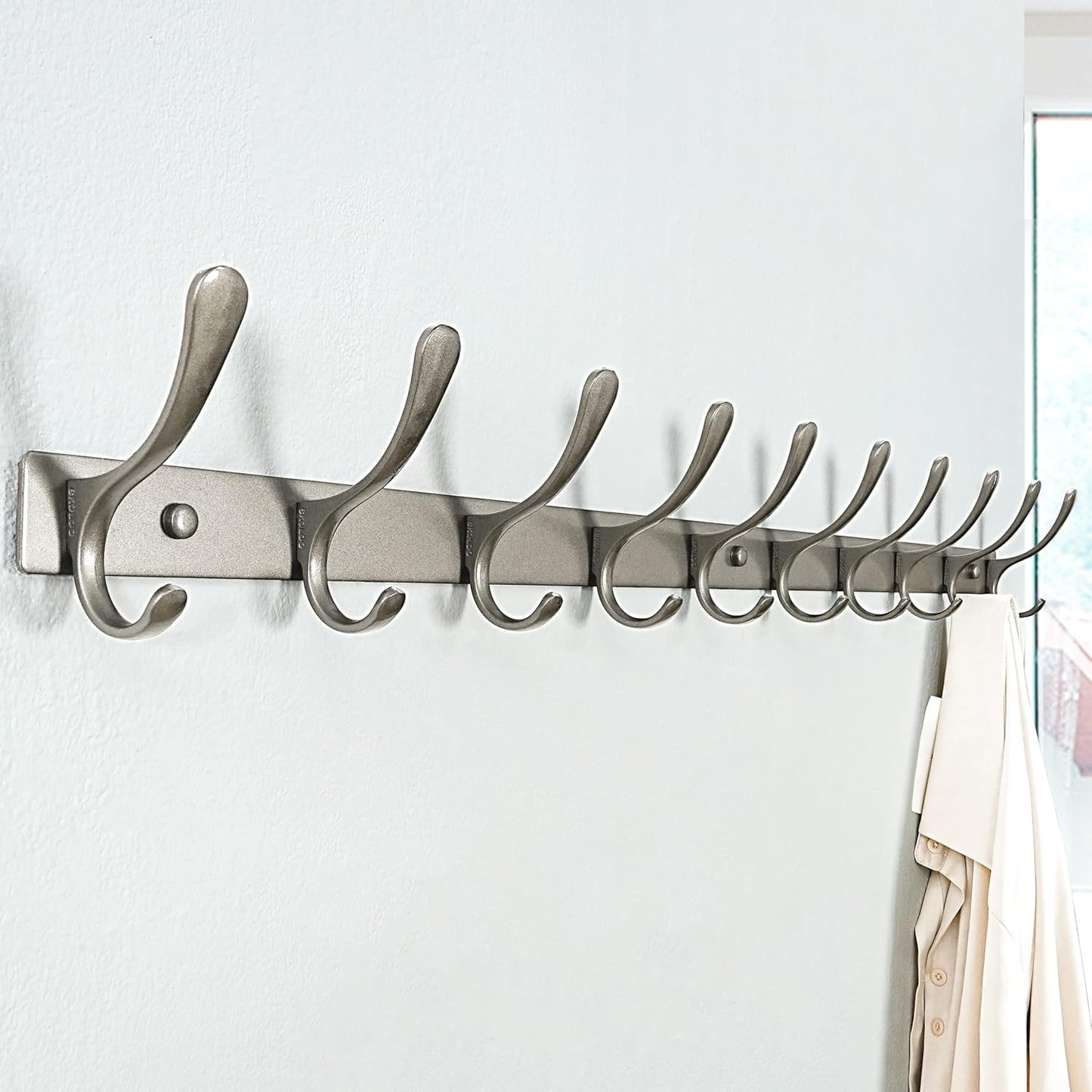 SKOLOO Coat Rack Wall Mounted - 10 Hooks, Heavy Duty, Stainless Steel, Metal Wall Hanger, Sturdy Coat Hooks for Hanging Coats, Jacket, Clothes, Hat, Matte Grey