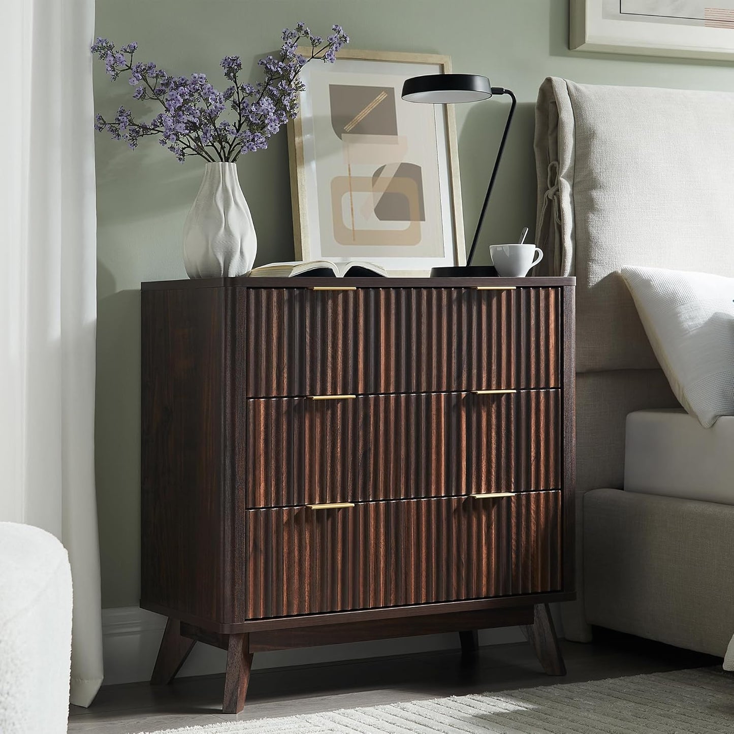 T4TREAM Fluted 3 Drawers Nightstand Set of 2, Oversized Extra Large Modern Side Table, End Table Bedside for Bedroom, Living Room, Curved Profile Design, Dark Walnut