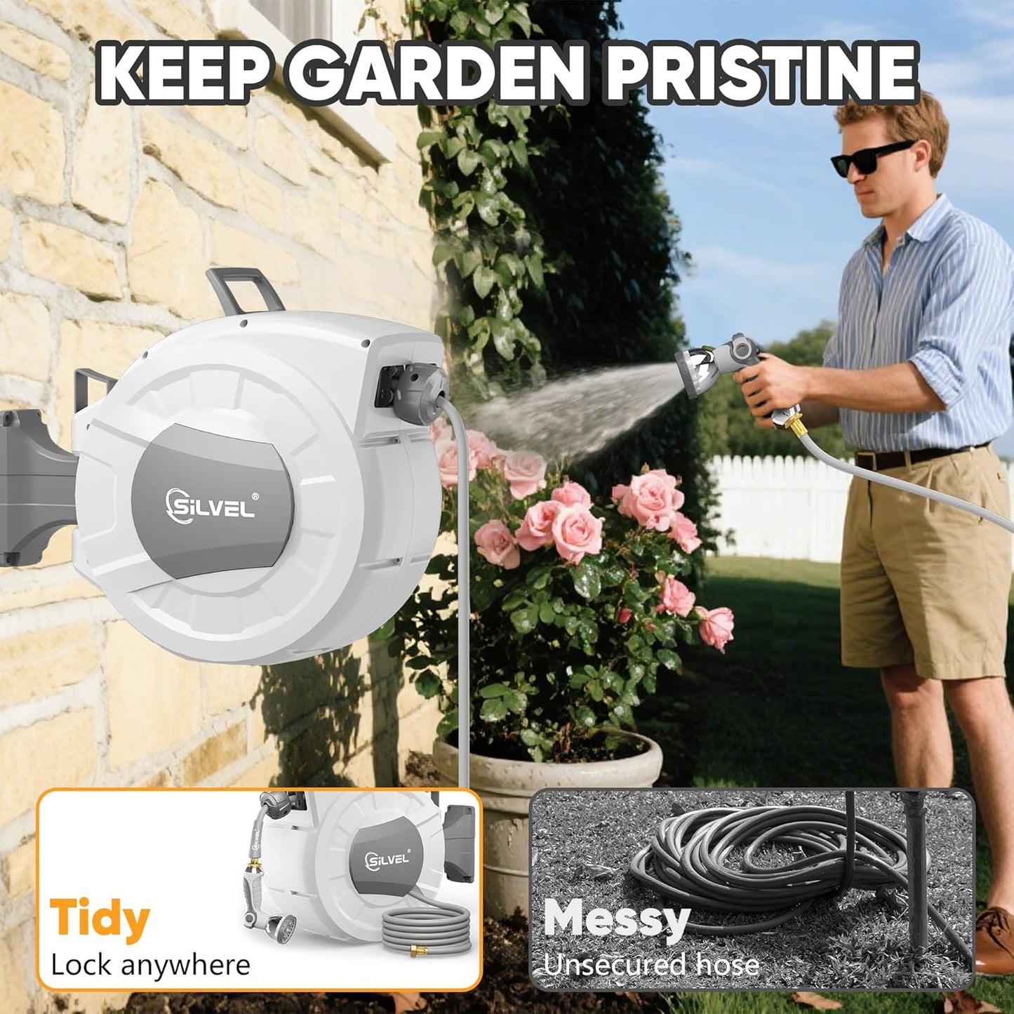 SILVEL Retractable Garden Hose Reel, 1/2 in x 110ft Wall Mount Heavy Duty Automatic Hose Reel with 10 Pattern Nozzle, Any Length Lock & Slow Return System, 180°Swivel Bracket Upgraded UV Resistant