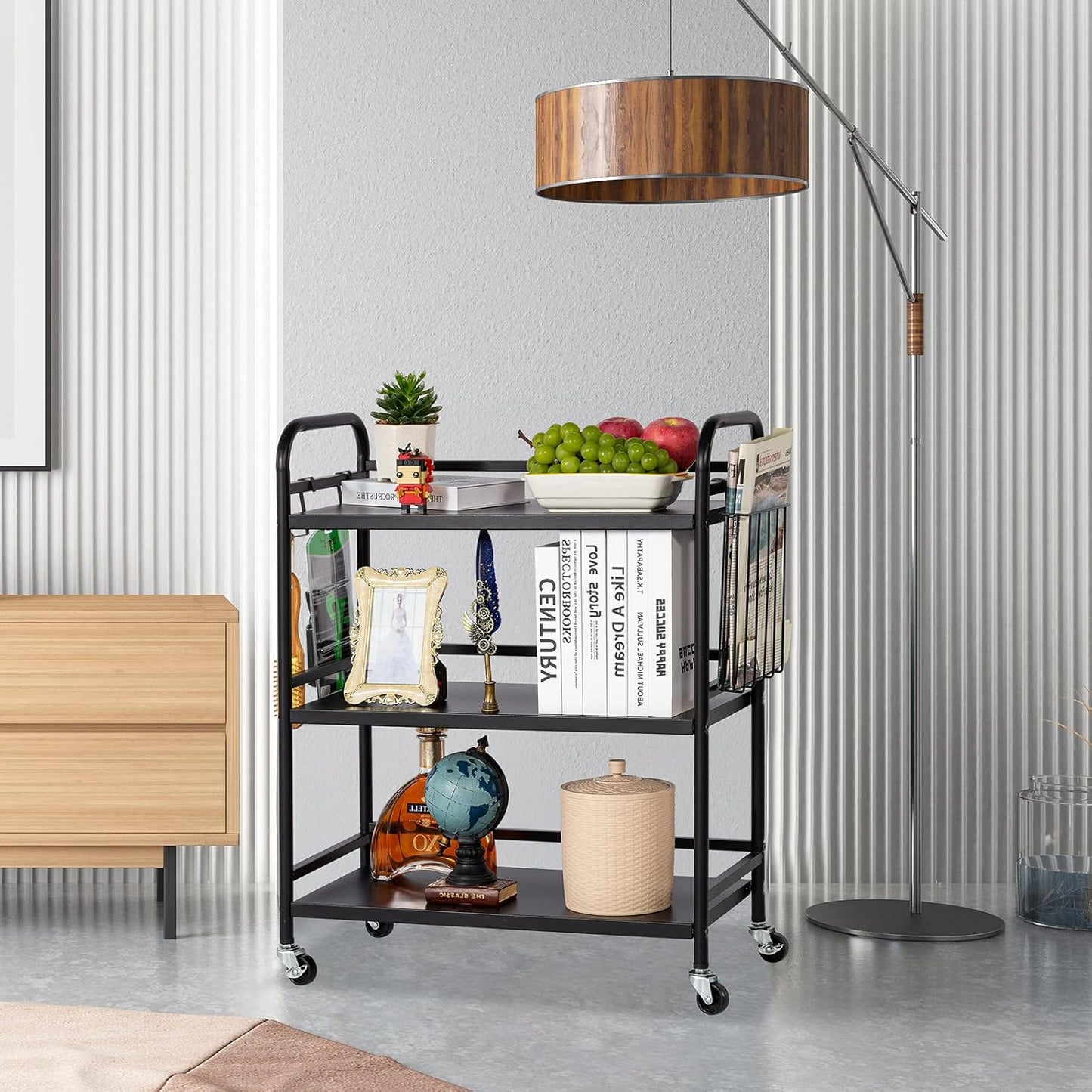 HDANI 3 Tier Metal Rolling Utility Cart,High Capacity Multi Purpose Heavy Duty Cart for Office,Kitchen,Living Room,Bedroom,Black