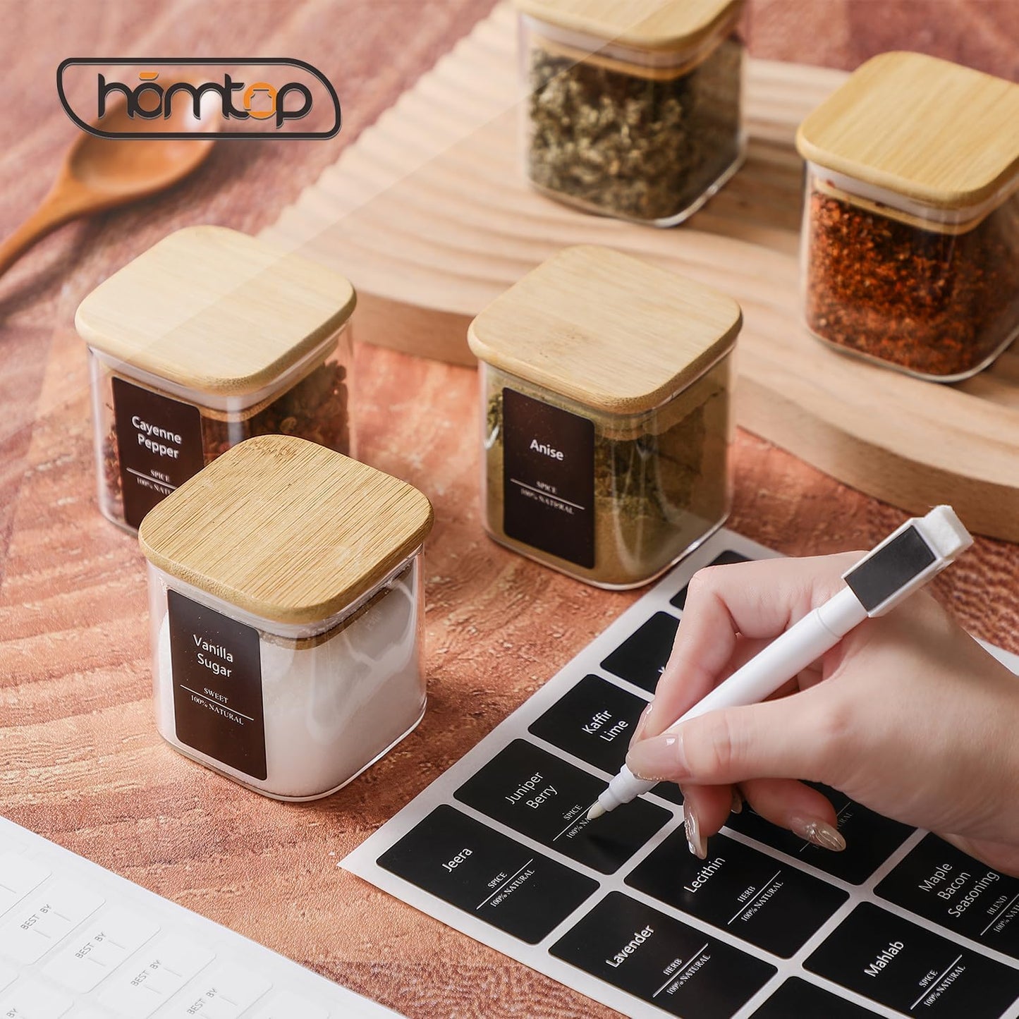 24Pcs 4oz Spice Jars with 275 Labels, Small Seasoning Glass Container Empty Organizer with Bamboo Lid Set for Pepper, Salt, Sugar