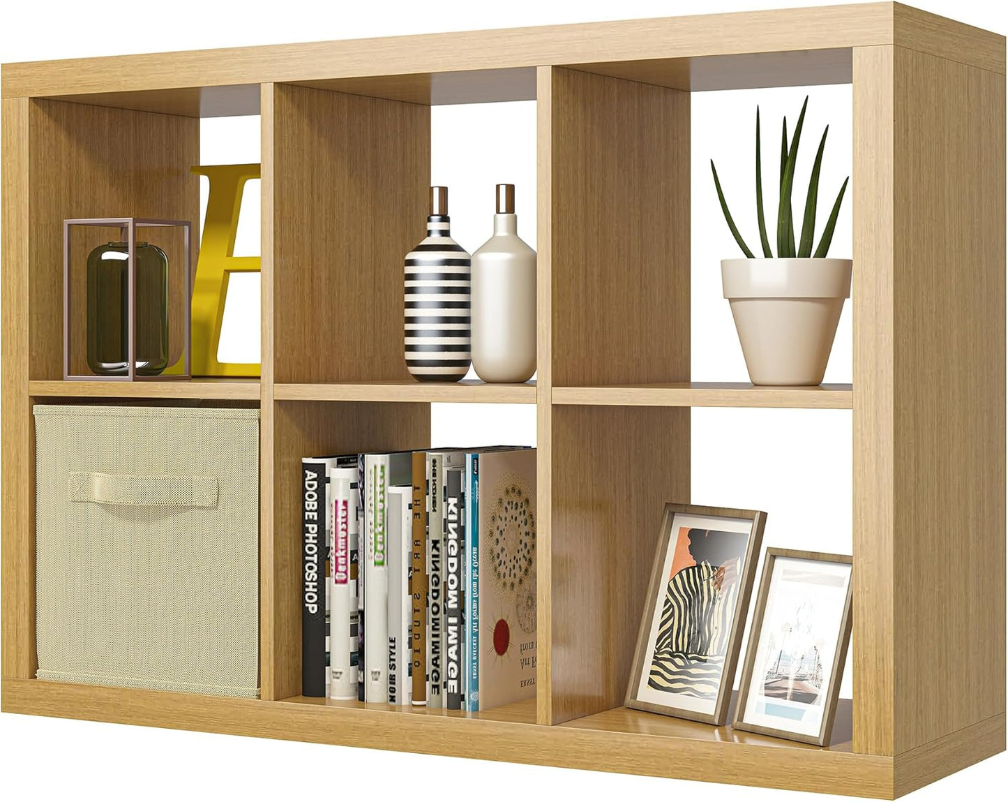 furtble Bookshelf with Storage Bin, 6-Cube Storage Organizer, Modern Wood Open Bookcase, Multifunctional Display Shelf for Living Room, Bedroom, Home Office, Oak
