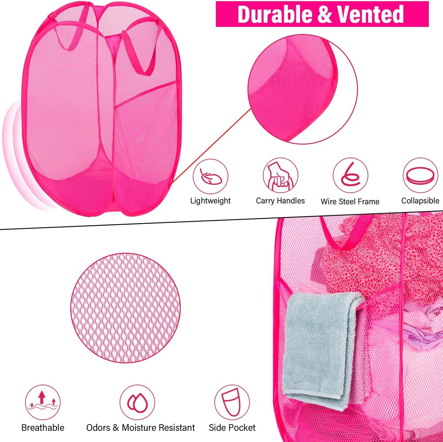 BATTOO Deluxe Strong Mesh Pop up Laundry Hamper Basket with Side Pocket for Laundry Room, Bathroom, Kids Room, College Dorm or Travel 3 Pack Blush