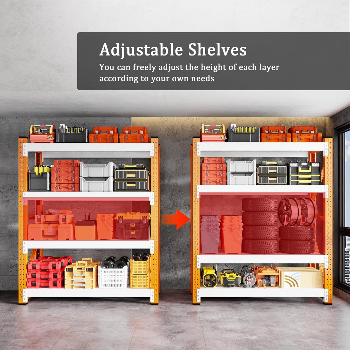 4000LBS Garage Shelving 48" W Garage Shelving Heavy Duty 4-Tier Metal Storage Shelves Adjustable Shelf Unit Storage Rack for Basement Supermarket Warehouse 48" W x 20" D x 78" H Orange-White