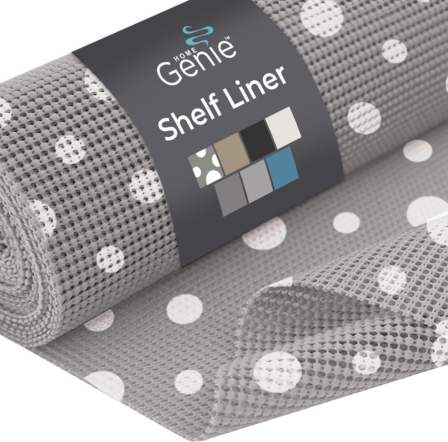 HOME GENIE Shelf Drawer and Cabinet Liner, Durable with Strong Grip, 17.5 in x 20 FT, Non Adhesive Liners Protect Kitchen Cabinets and Cupboard, Bathroom Drawers and Shelves, Desks, Dots Gray White