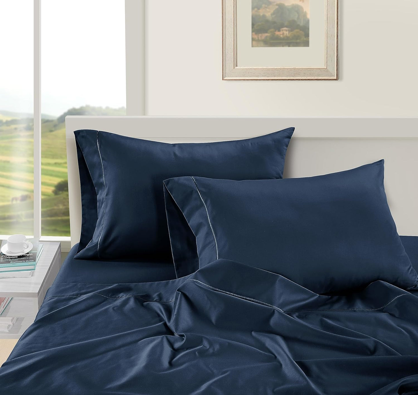 LANE LINEN Pillow Case Covers King, Set of 2, 100% Egyptian Cotton Sateen, Soft Cool & Smooth 1000 Thread Count Pillow Cases - Estate Blue