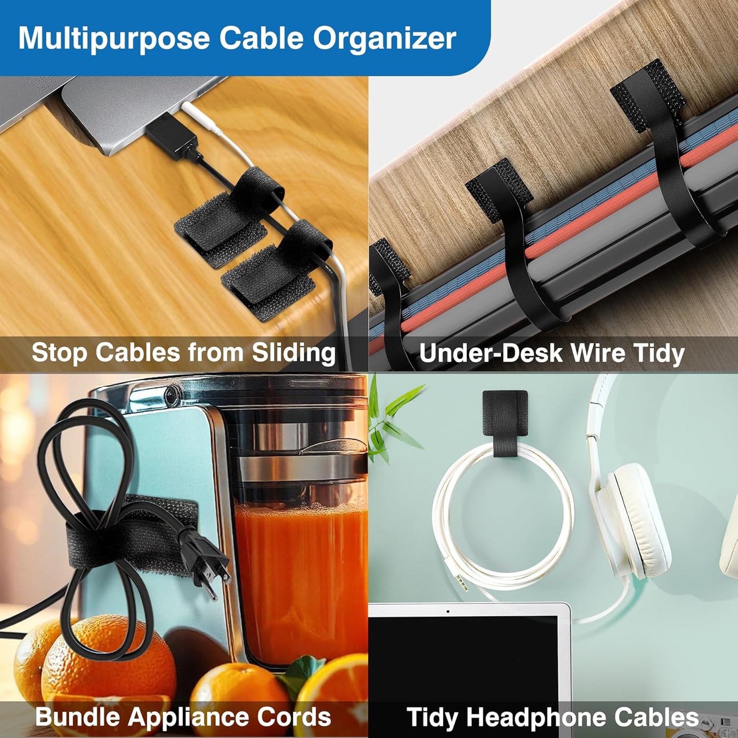 Cable Management Kit – 40 Self-Adhesive Hook and Loop Ties with 2 Extension Straps – Made with 3M Tape, Back-Sticky Cord Organizer for Under Desk, Wall, Home, Office – Adjustable Wire Holders (Black)