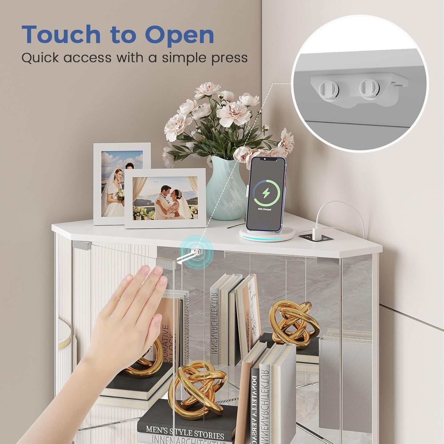 Corner Display Cabinet with Glass Doors, Small Display Case with 3-Color LED Lights and Charging Station, 2-Tier Curio Cabinet with Storage and Shelf, White