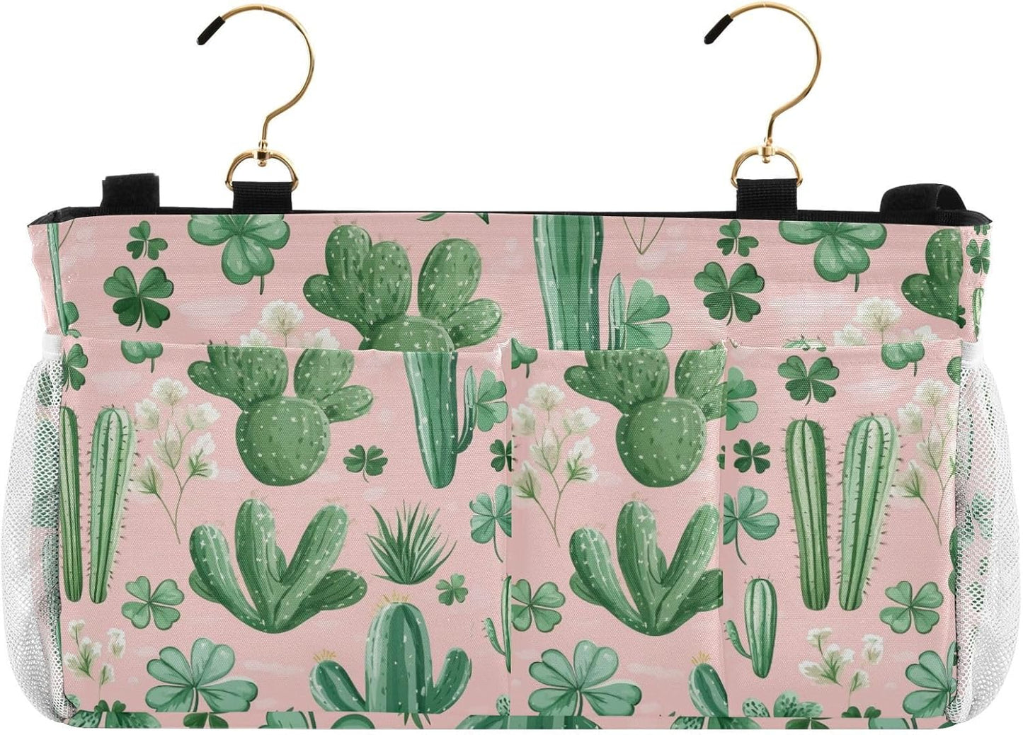 Floral Pink Cacti and Clovers Bedside Caddy for Dorm Bed Bedside Hanging Caddy Bag Iron Frame Storage Organizer Pocket for Bunk Home College Hospital Beds 2 Hooks