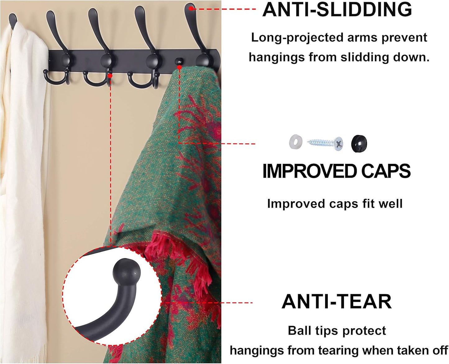 Dseap Coat Rack Wall Mounted - 5 Tri Hooks, Heavy Duty, Stainless Steel, Metal Coat Hook Rail for Coat Hat Towel Purse Robes Mudroom Bathroom Entryway, Green