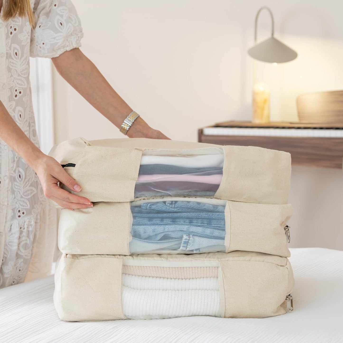 Cotton Sweaters and Sweatshirts Storage Bags - Zipper Closure, 100% Canvas Sturdy Cotton, Washable, Reusable, Breathable and Air-Tight Garment, Wedding Dress, Sarees Storage Bags (3 Bags)