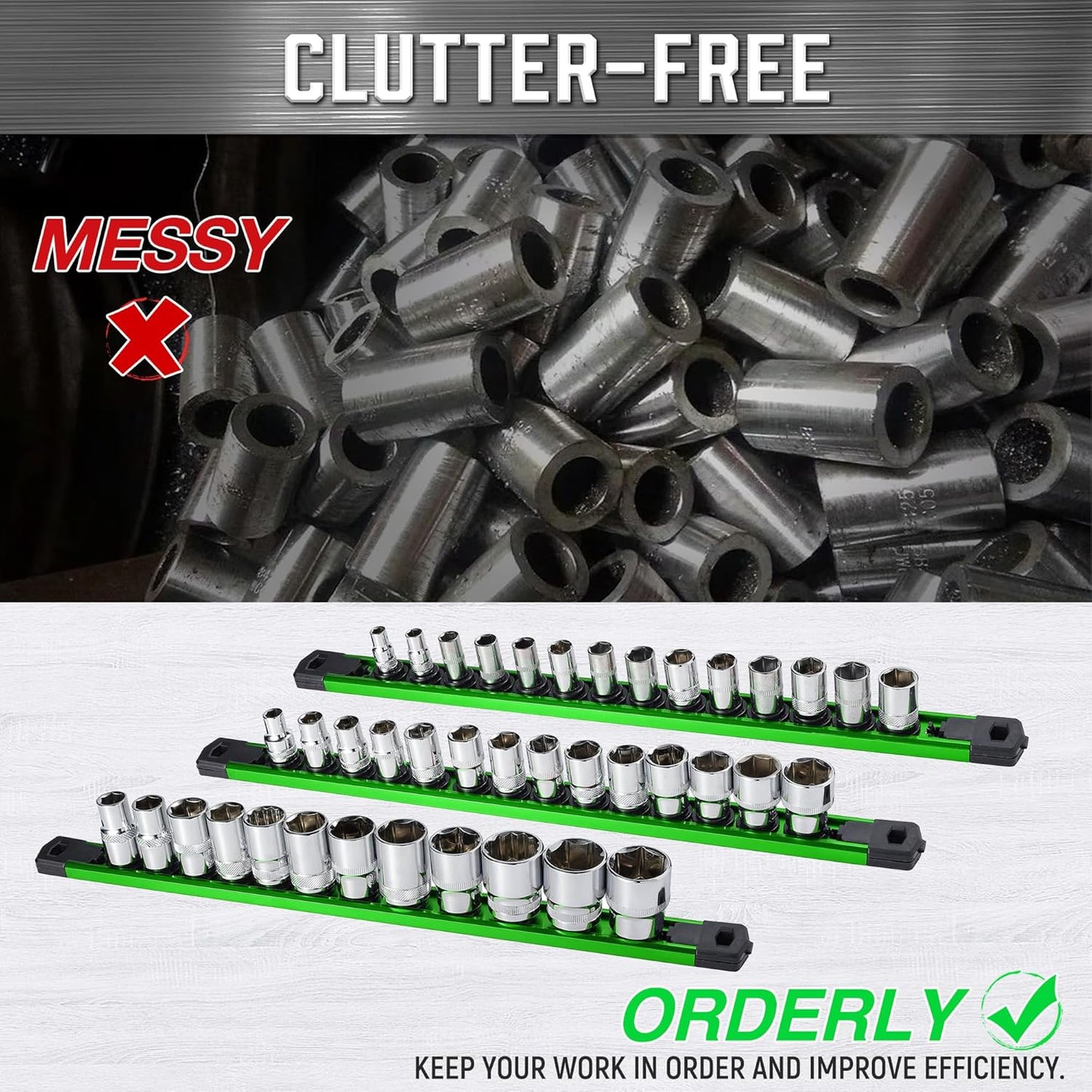 ALOANES 6-Piece Magnetic Socket Organizer, Heavy Duty Aluminum Socket Rails Organizer, 360° Swivel Clips Socket Holder Kit for Tool Box, 1/2, 3/8, 1/4-Inch Socket Holder x 80 Clips (Green)