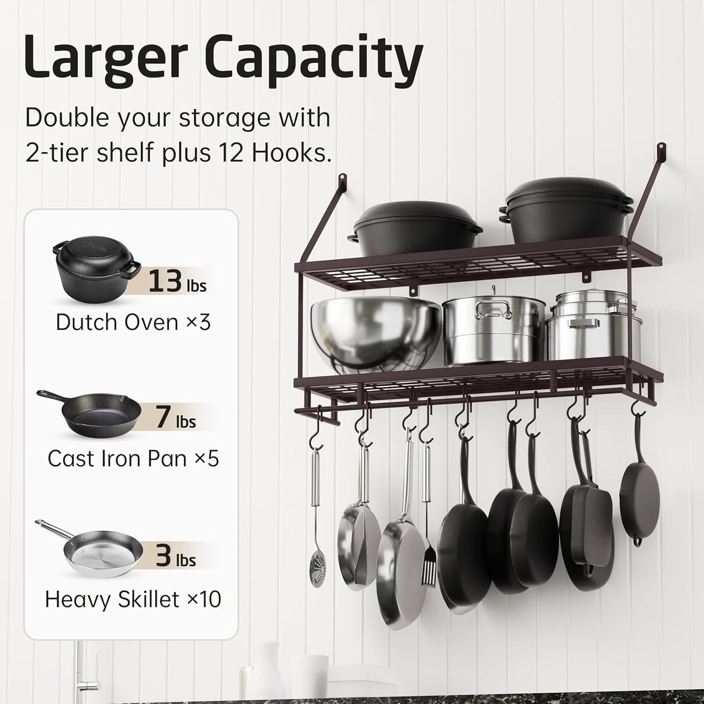 KES 30-Inch Oiled Bronze Pot Rack Wall Mounted, 2-Tier Hanging Pot and Pan Organizer with 12 Sturdy Hooks, Kitchen Wall Hanger Shelves Farmhouse Style, KUR215S75B-OB