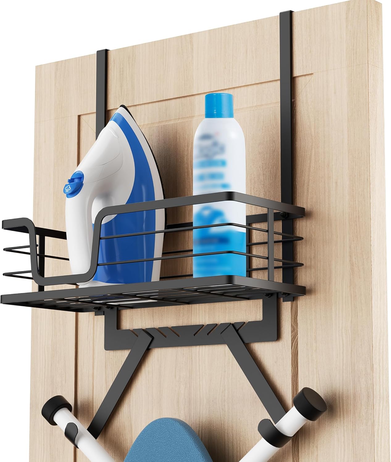 KES Over The Door Ironing Board Holder, Ironing Board Hanger Door Mount with Storage Shelf Y and T Shaped Fits for 1 3/8 Doors Matte Black, HIR501A-BK