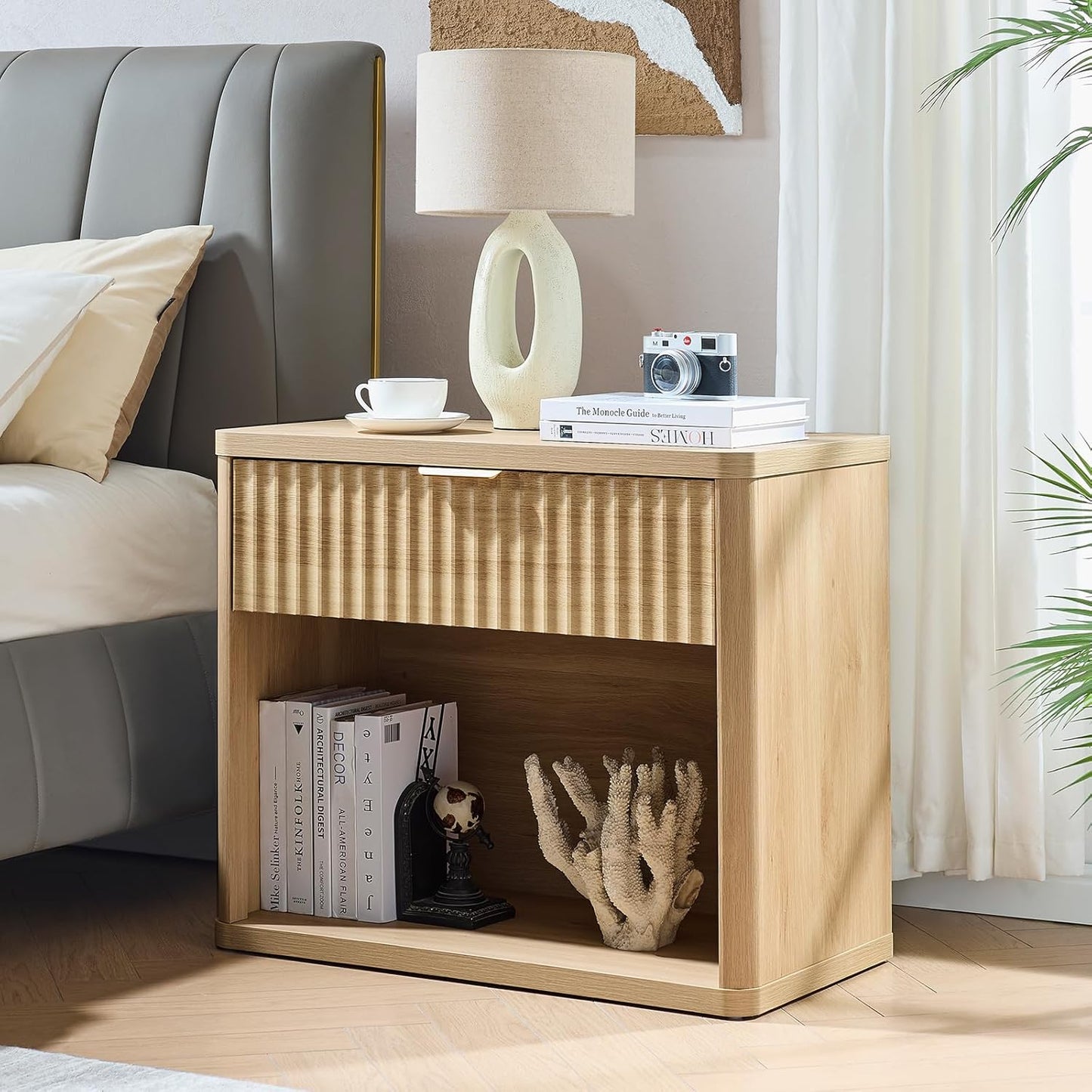 LEYAOYAO 31" Wide Fluted Nightstand Set of 2 with Charging Station, Oversized Extra Large 1 Drawer Night Stand with Golden Handle, Natural Wood Bedside Table Tall End Tables,for Bedroom, Living Room
