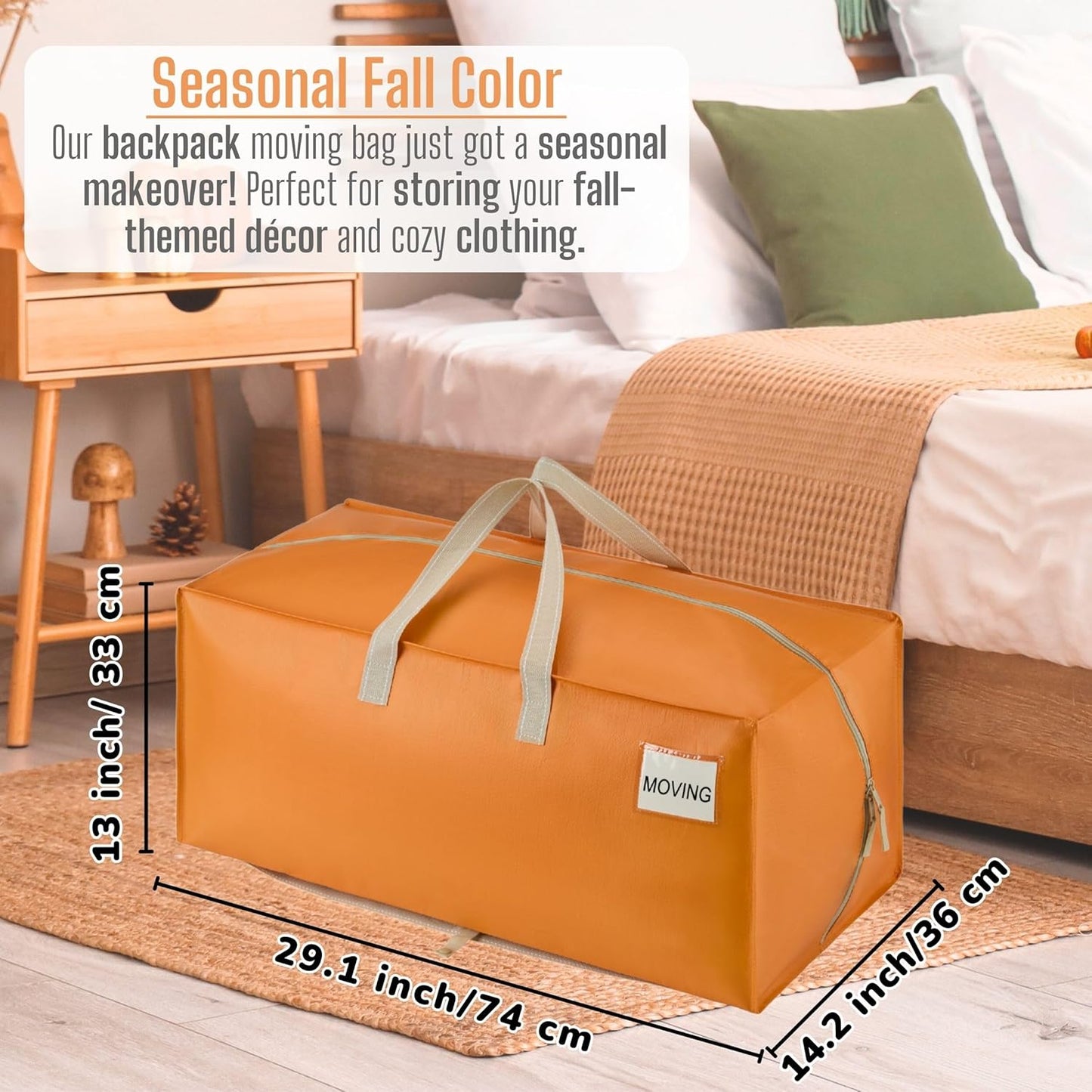VENO 4 Pack Moving Bags w/Backpack Straps, Heavy Duty, Moving Boxes Alternative, Packing Supplies, Large Storage Totes for Dorm Room Essentials with Zipper (Seasonal Autumn Orange, 4 Pack)