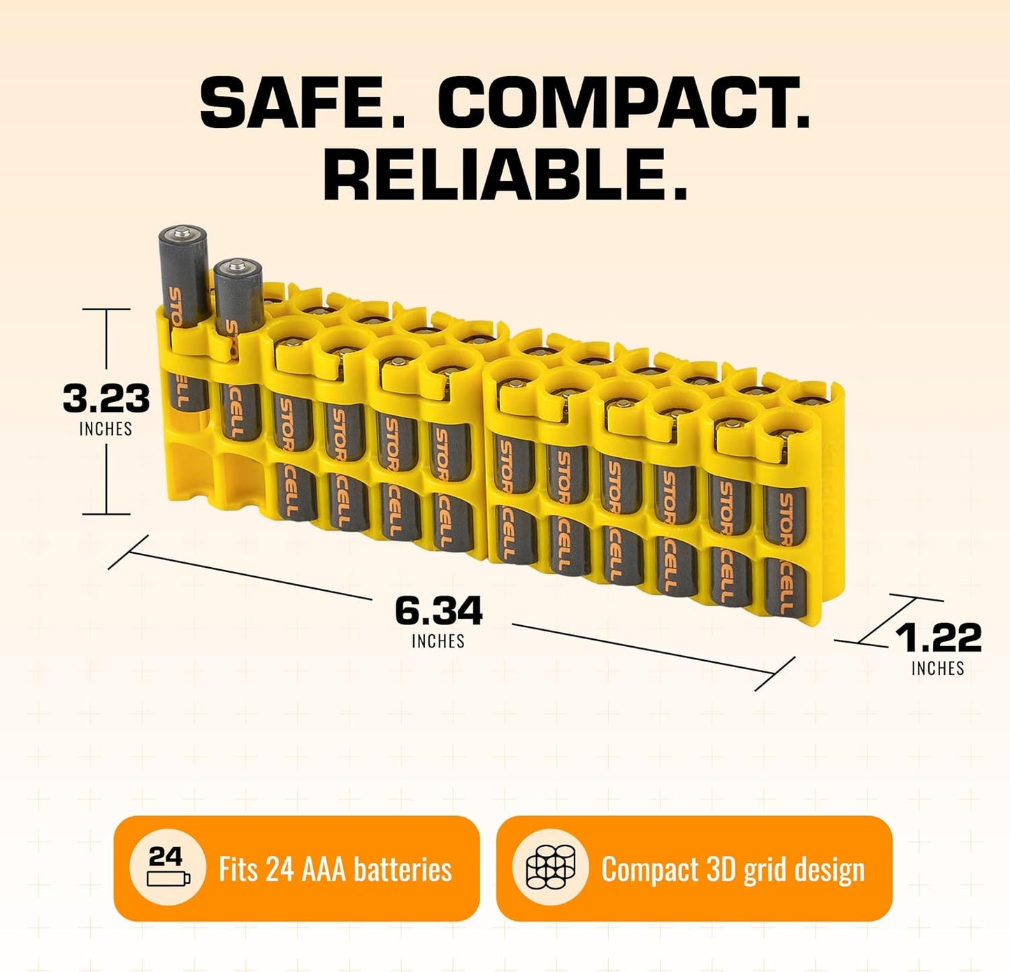 Storacell by Powerpax AAA Battery Storage Caddy, Yellow - Holds 24 Batteries (Not Included)