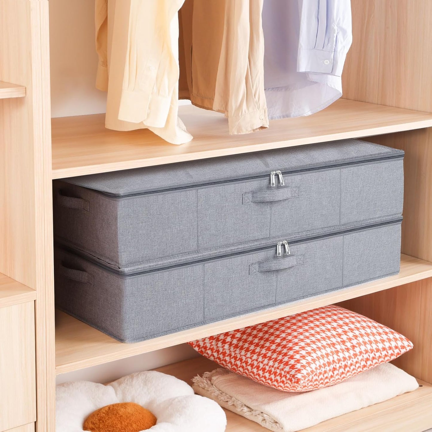 Under Bed Storage Containers, 23.6 x 11.8 x 5.9 Inch Collapsible Clothes Organizers With Handles, Storage Bins With Lids, Grey, 2 Pack
