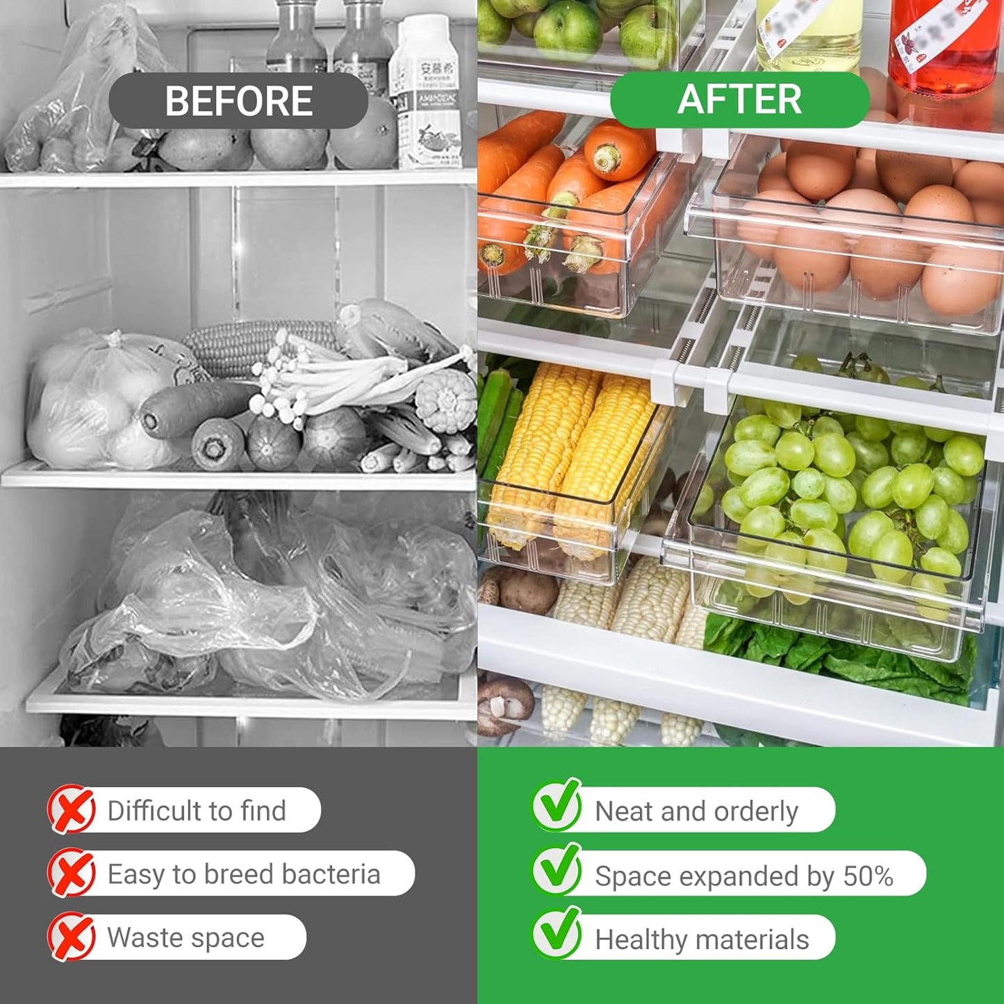12 in refrigerator drawer - fridge drawer organizer for Deli Meat, Cheese, Produce and More, Stretchable and Deep Storage