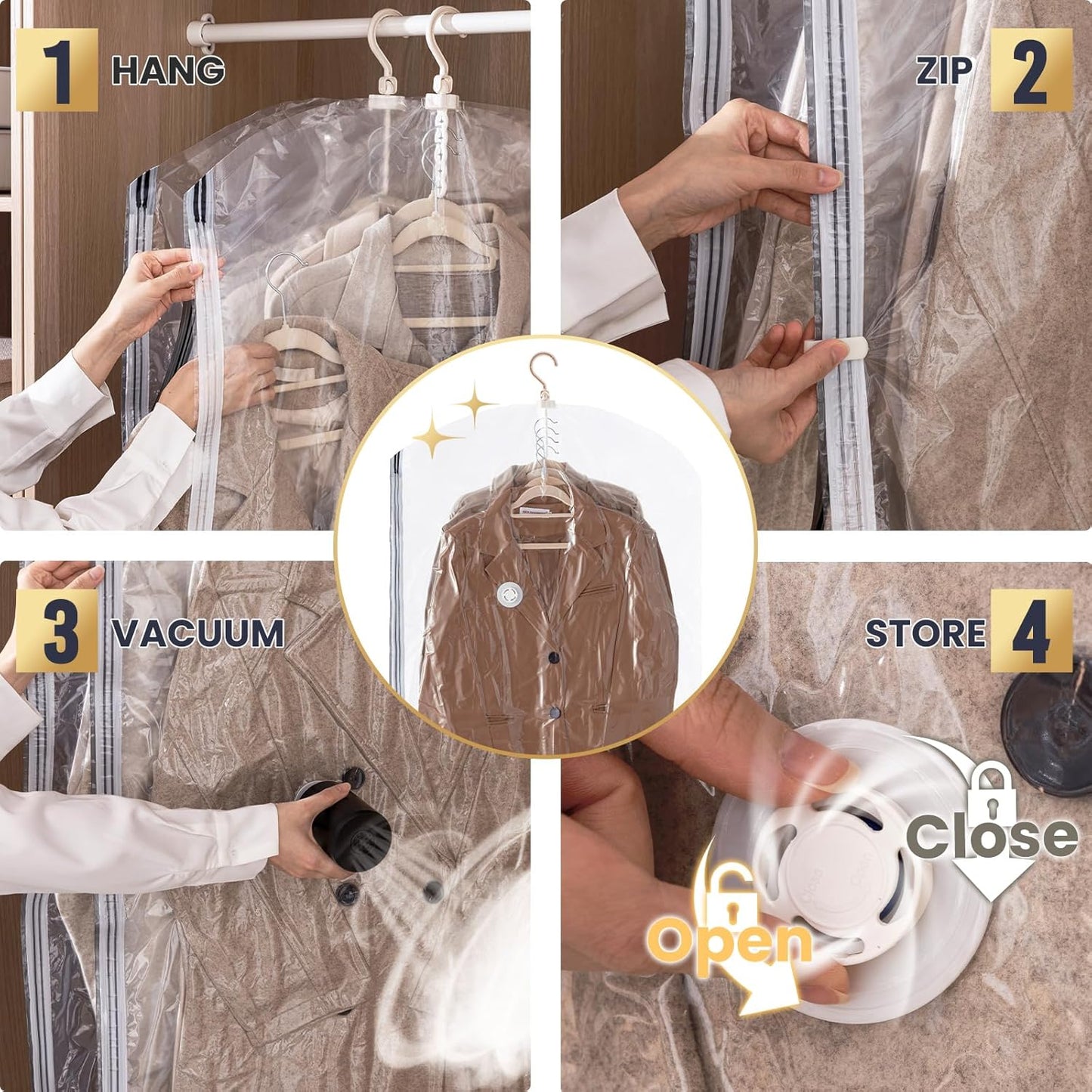 TAILI Hanging Vacuum Storage Bags with Electric Pump, Vacuum Seal Bags for Clothing Travel, Space Saver Closet Organizer for Clothes, Coats, Suits and Jackets, 4 Long(53x28 in)