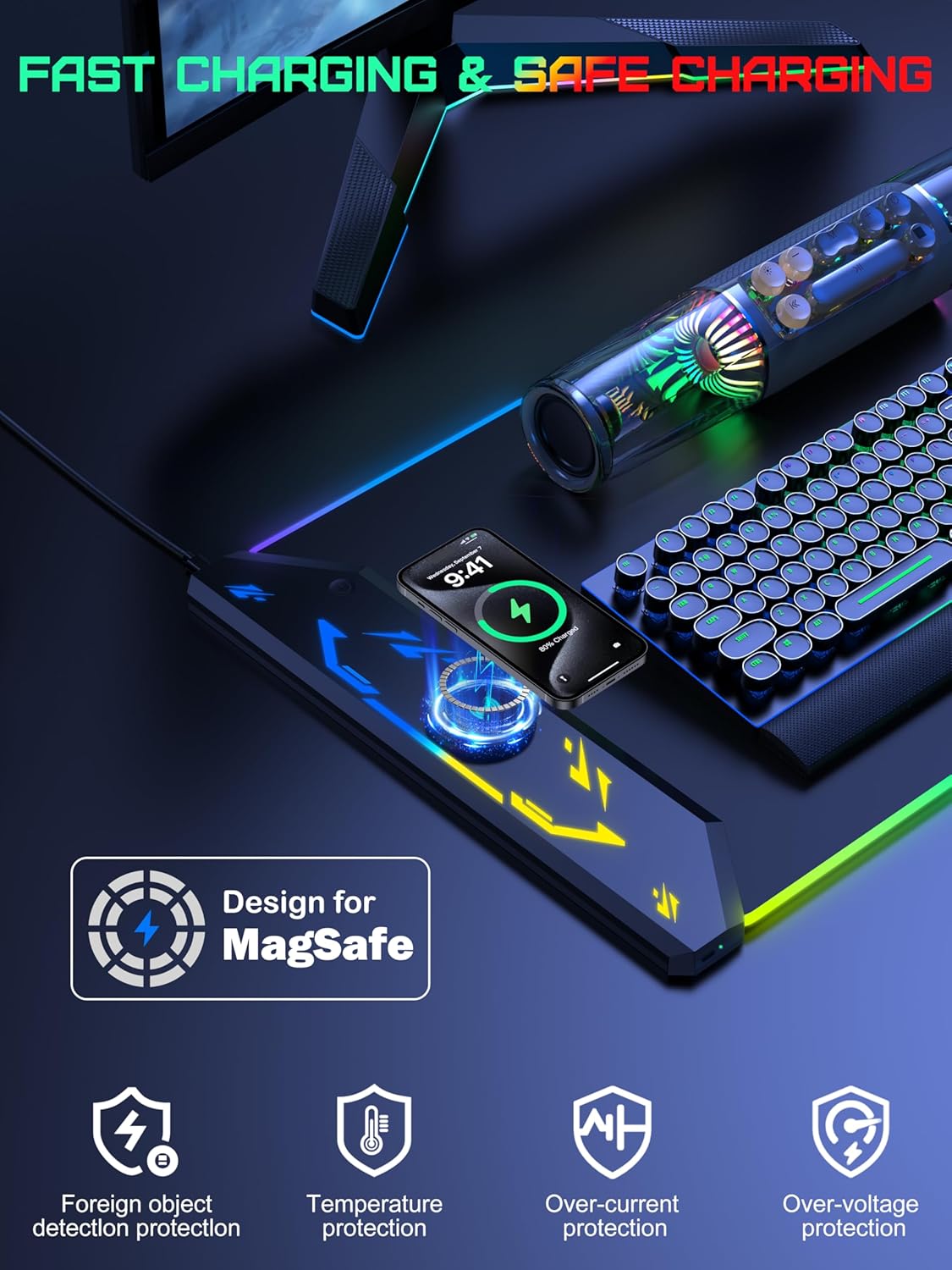 TopMade Wireless Charging Mouse Pad, RGB Gaming Mousepad, 35.4" x 15.8" Extra Large Waterproof Keyboard Desk Pad, Cool Computer Desk Mat, Black (Includes 20W PD Power Adapter & 6.56ft Woven Cable)