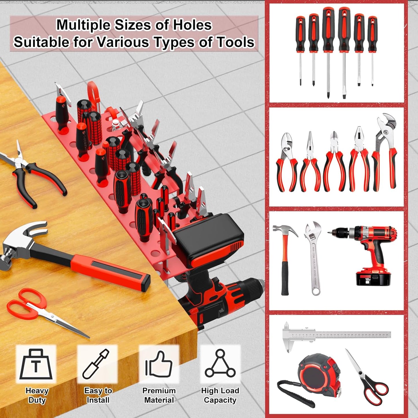 Metal Screwdriver Organizer, Wall Mount Plier Organizer Hammer Holder, Hand Tool Storage Rack for Garage Workshop Workbench(Red, 1PC)