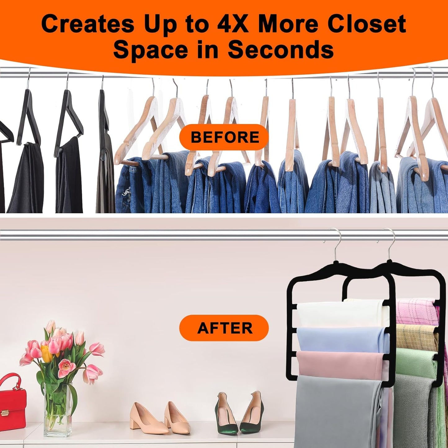 Closet Organizers and Storage,2 Pack Pants Hangers Space Saving,Velvet Hangers, Dorm Room Essentials for College Students Girls Boys Guys,Non Slip Organization and Storage Scarf Jeans Hangers