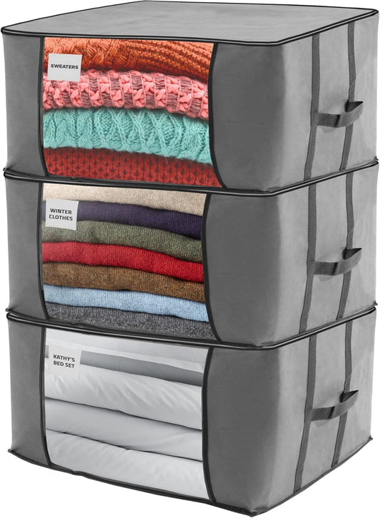 NestNeatly Large Capacity Clothes Storage Bag Organizer with Reinforced Handle for Comforters, Blankets, Bedding, Foldable with Sturdy Zipper, Clear Window, 3 Pack, Gray