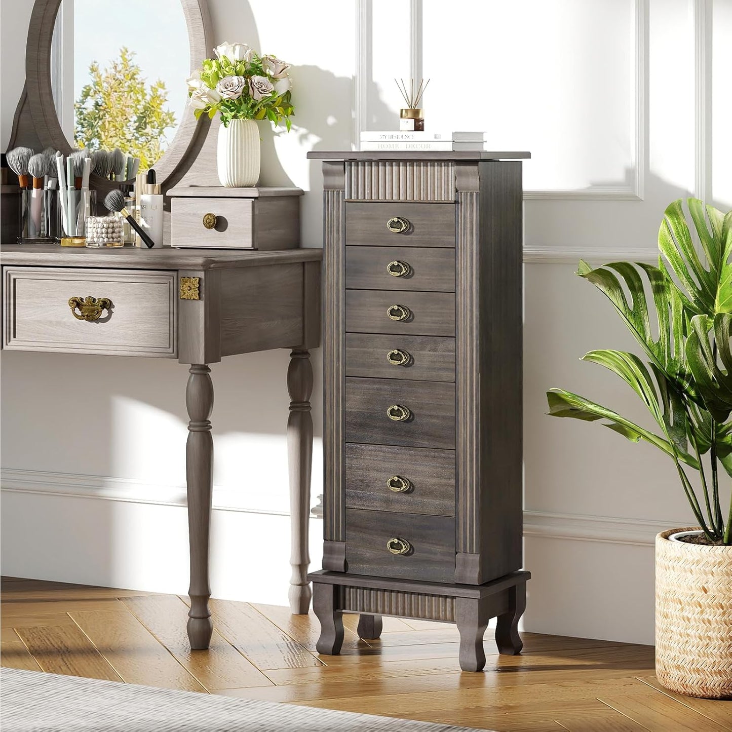 Giantex Standing Jewelry Cabinet with 7 Drawers, Flip-Top Mirror, 2 Side Doors with 12 Necklace Hooks, Divided Ring Compartments, Velvet-Lined Jewelry Armoire Organizer Chest (Weathered Gray)