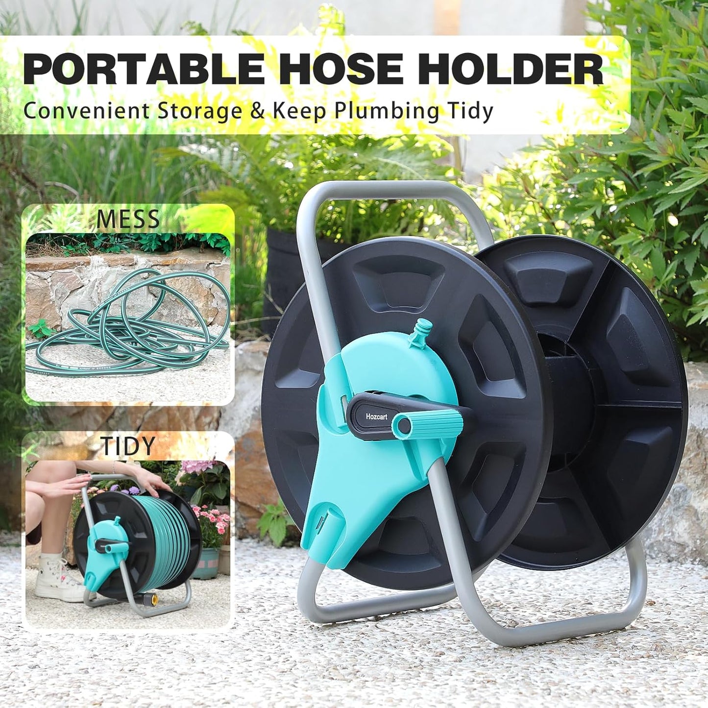Garden Hose Reel Cart,Hold Up to 50-130 Feet of 5/8" Hose,Wall Mounted Water Hose Reel,Portable Hose Reel Holder,for Outside Car Washing, Watering