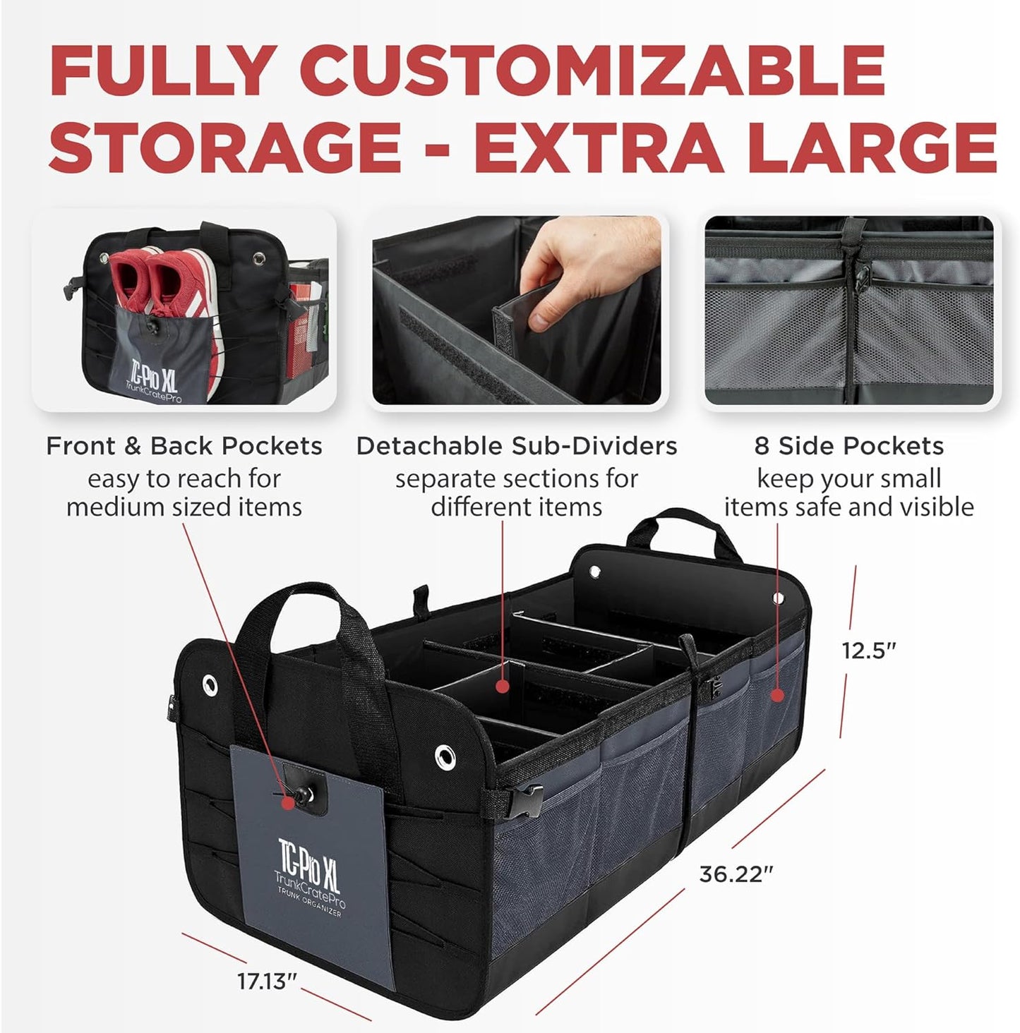 TRUNKCRATEPRO - XL Trunk Organizer For SUV, Car, Truck with 6 Compartments Adjustable Collapsible Portable Non-Skid Premium Cargo Storage Truck Organizer W Straps, Heavy Loads (Extra Large, Gray)