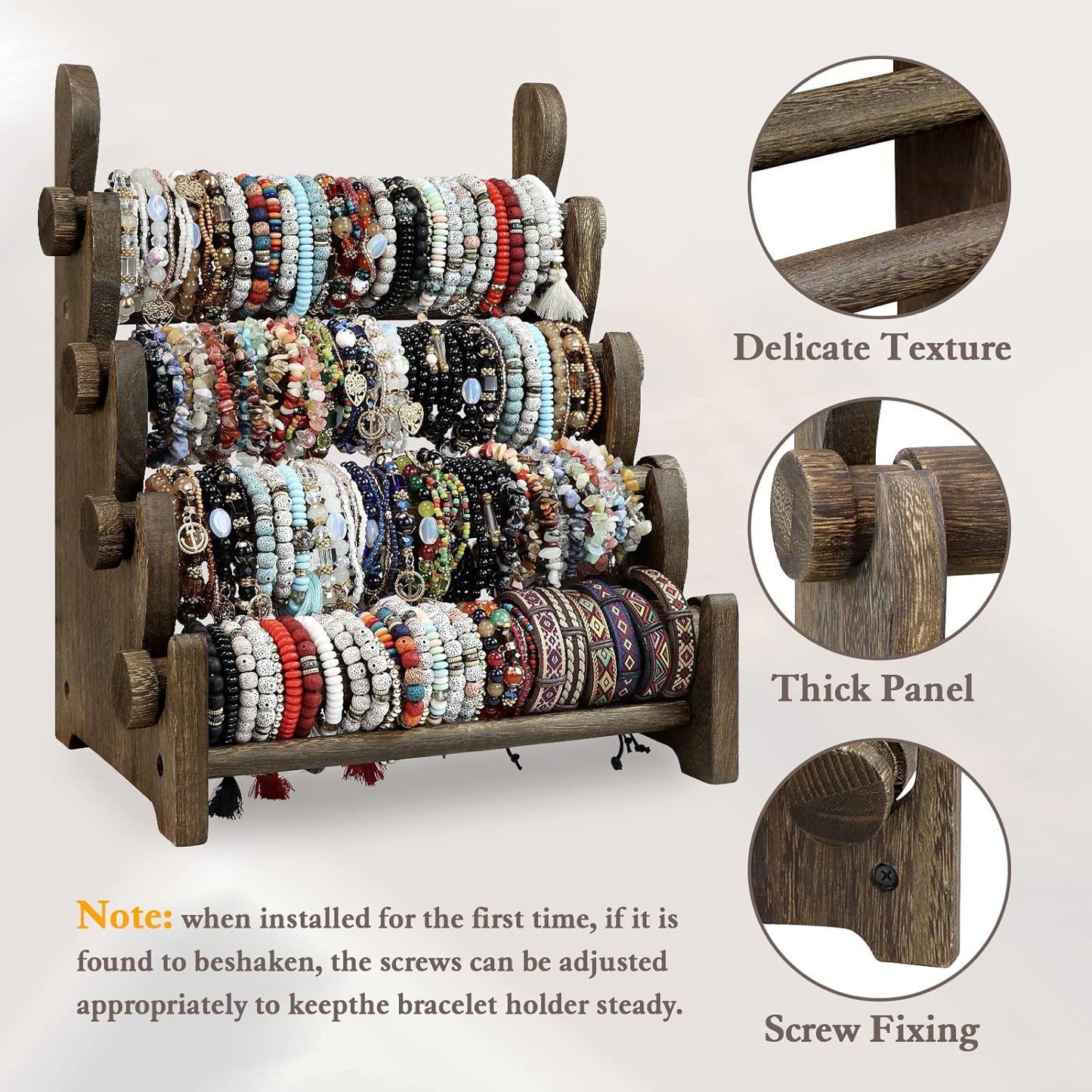 TOPNEW 4 Tier Wooden Bracelet Holder, Scrunchie Bangle Watch Necklace Display Storage Jewelry Holder Stand Display Organizer, Brown